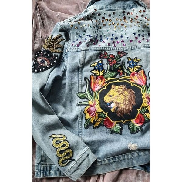 Brebitz One Of A Kind Reworked Studded Denim Jacket Appliques SZ S