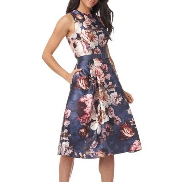Kay Unger Dylan Navy Baroque Floral Tea Length Midi Dress
