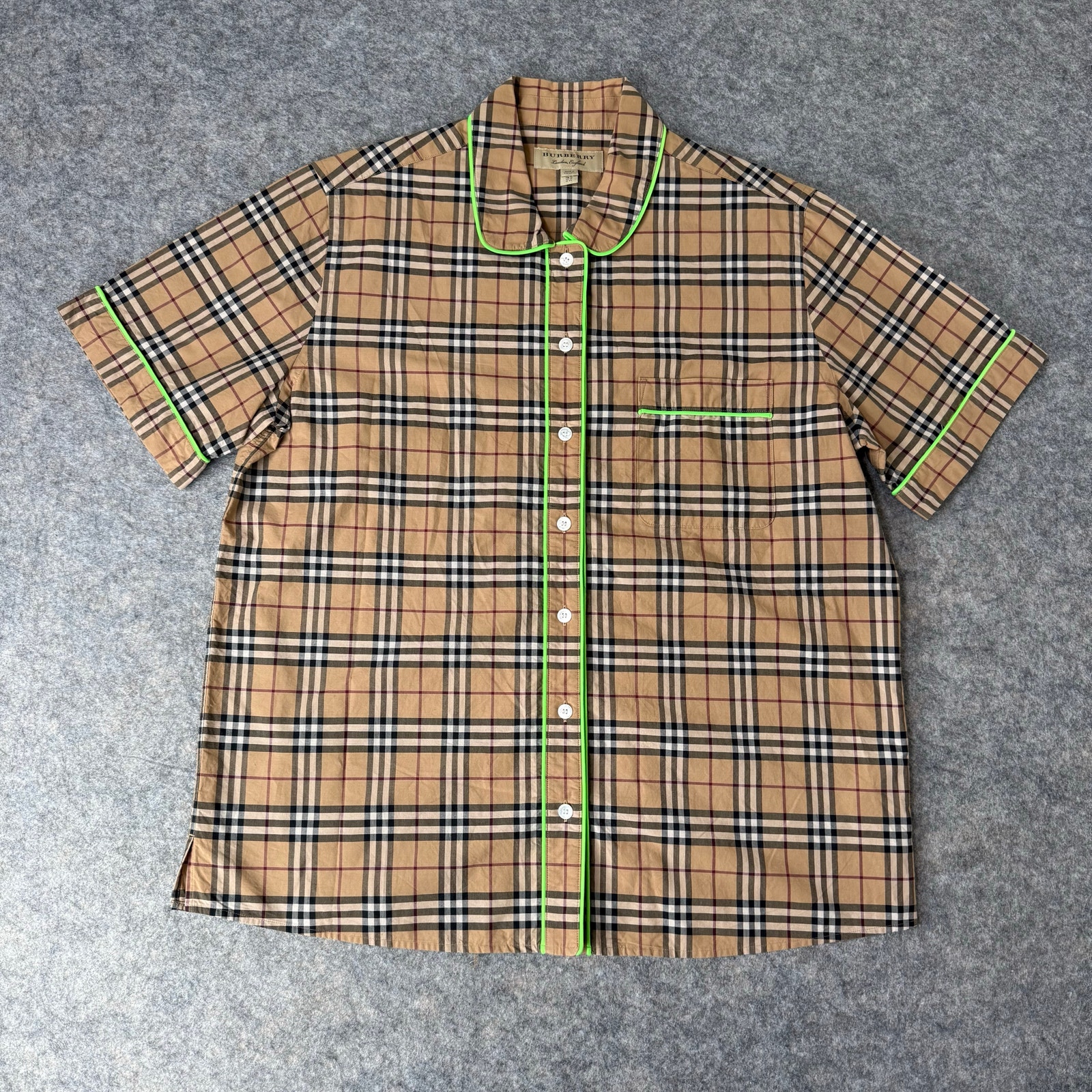 Burberry Womens Plaid Auklet Button Up Blouse Short Sleeve Neon Piping Size 10