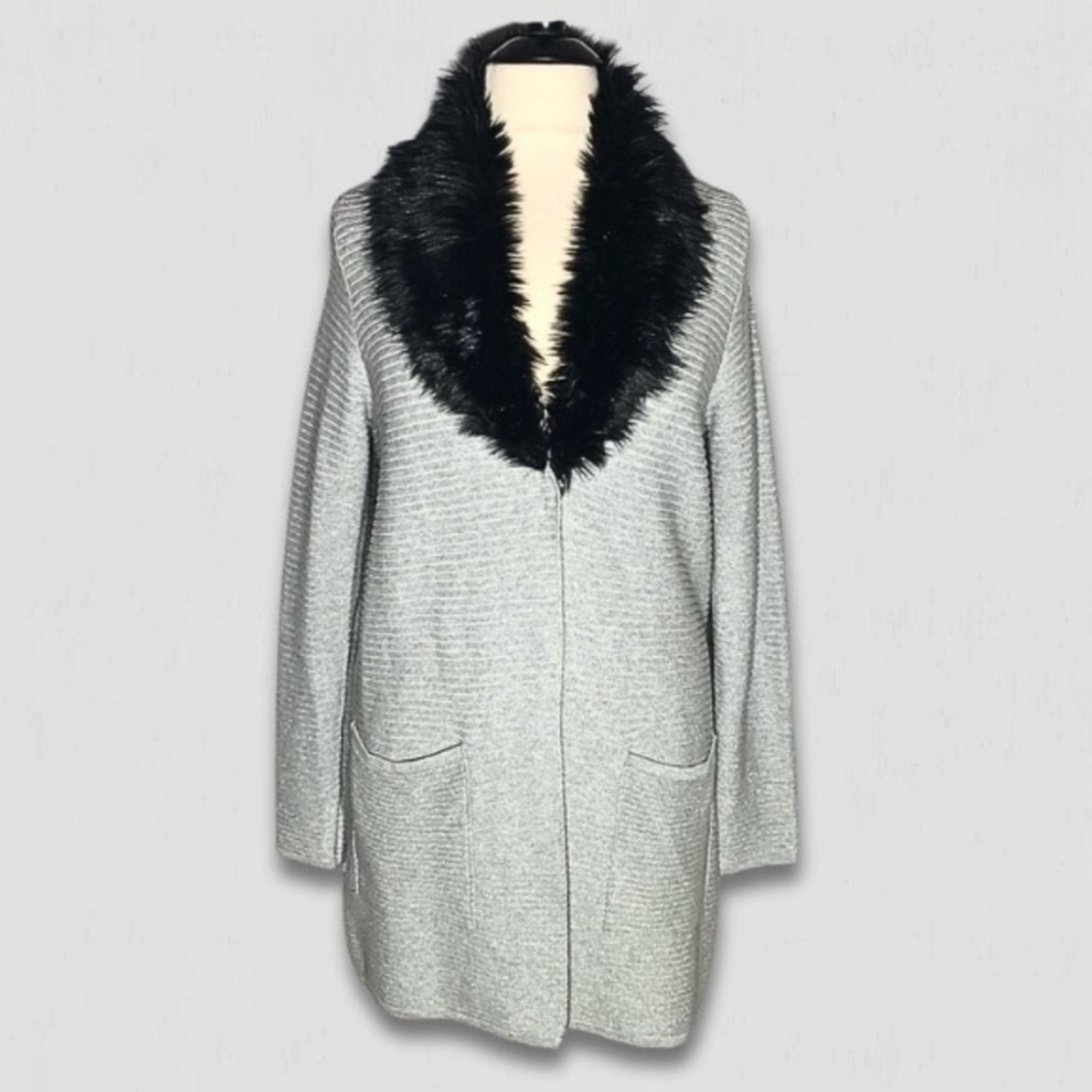 NWOT Black Rivet Long Coat Shawl Collar Knit Faux Fur Silver Gray SZ Large