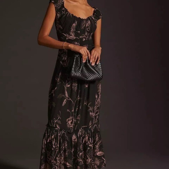 Anthropologie Ruched Sweetheart Neck Smoky Black Maxi with Pink Floral Print L