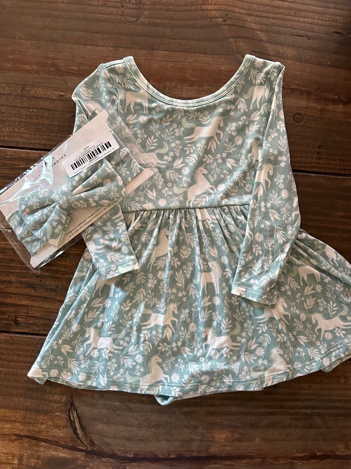 Unicorn garden twirl bodysuit 12-18 and bow