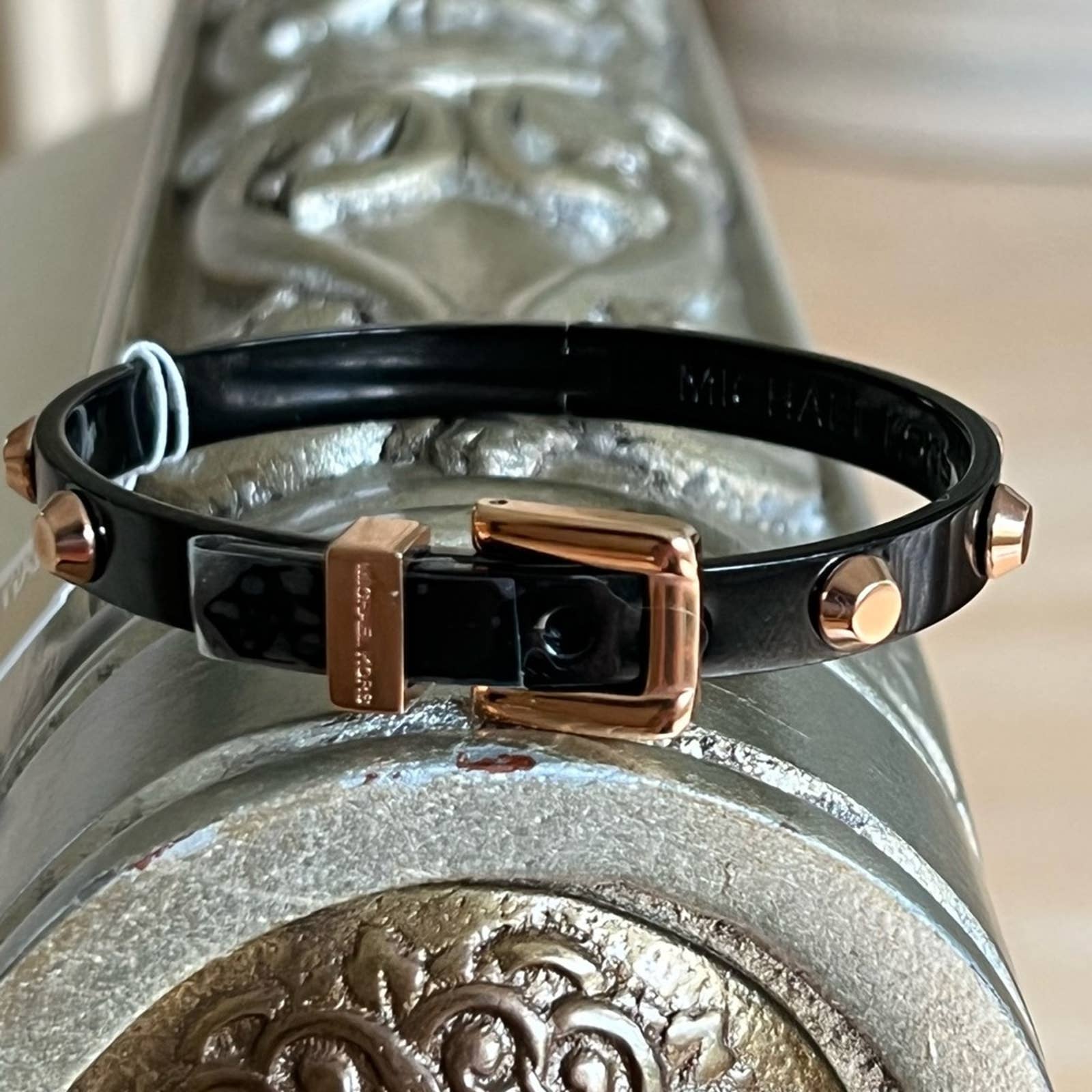 NWT MICHAEL Michael Kors Enamel Metal & Rose Gold Tone Studs & Buckle Bangle