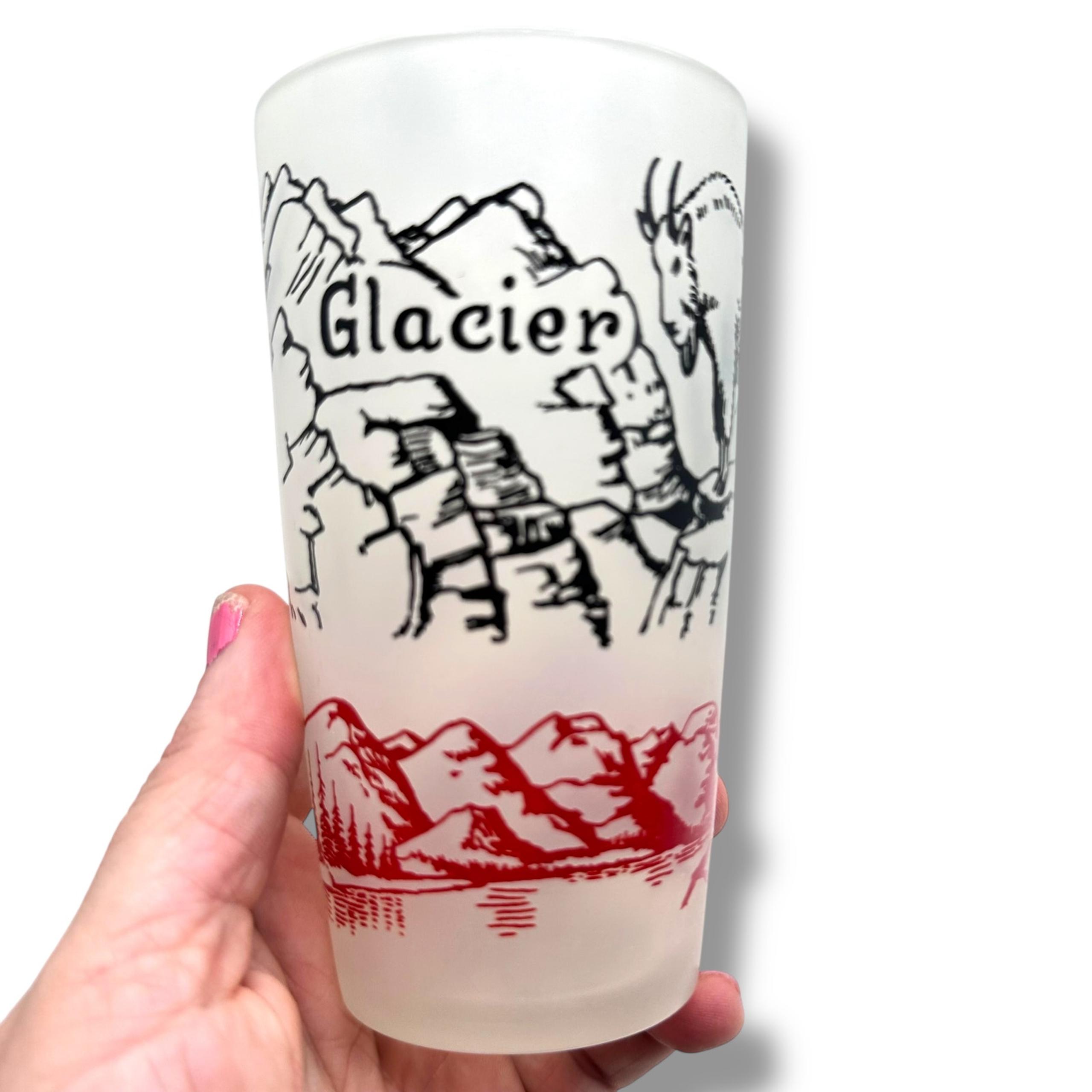 Vintage Glacier National Park Souvenir Glass Frosted Tumbler  Hazel Atlas