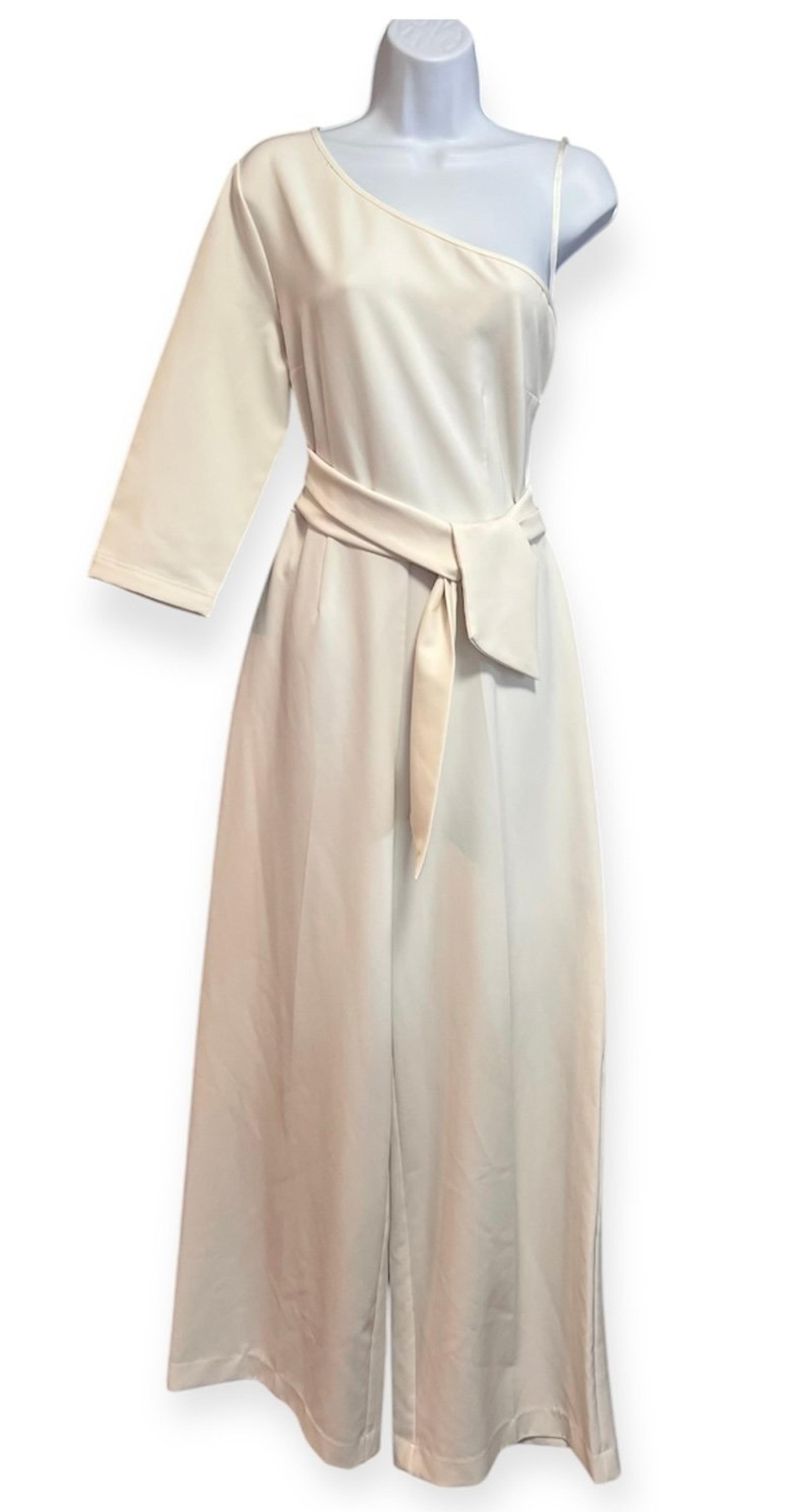 New York & Company Of White Jumpsuit Medium Wide Leg One Sleeve Women’s