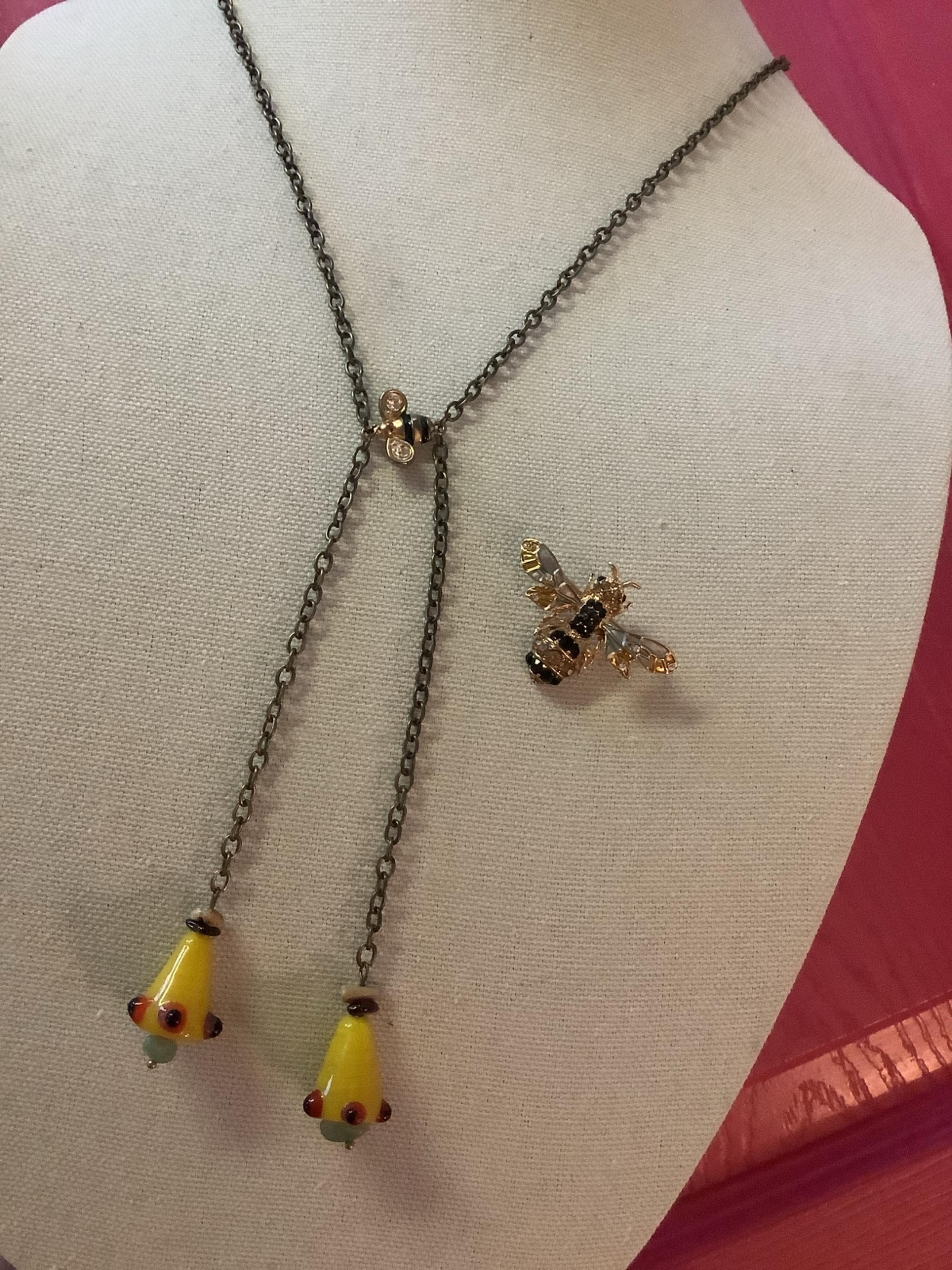 Handmade Bee Brass Necklace 28” with Brooch 1.7” Wide