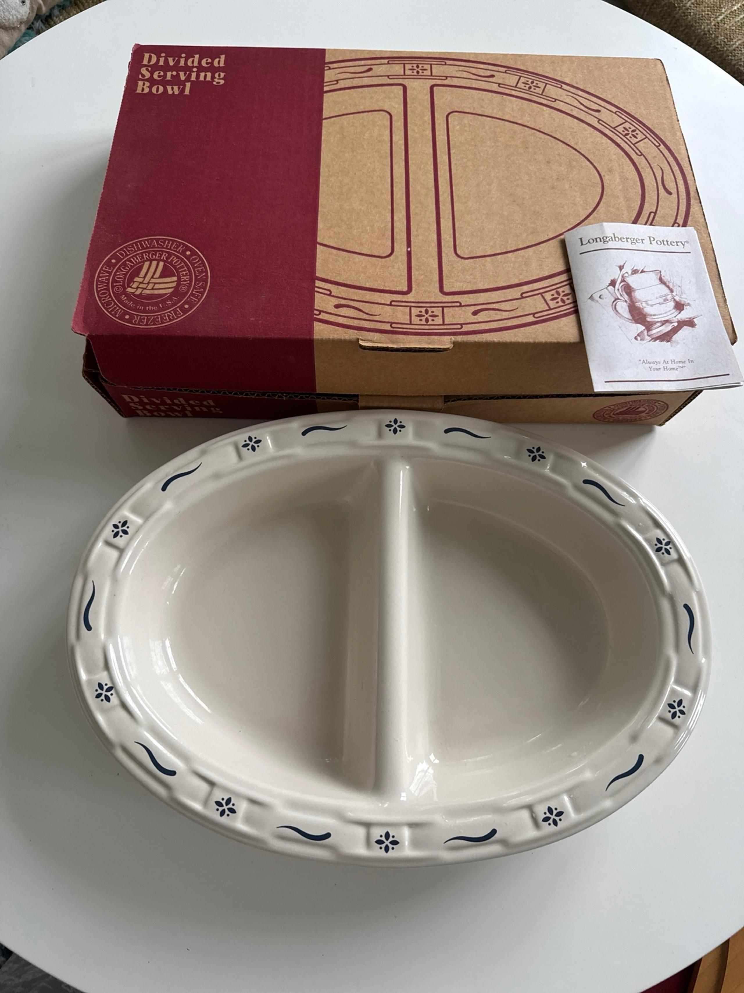 Longaberger Divided Serving Dish in Ivory with Blue Trim