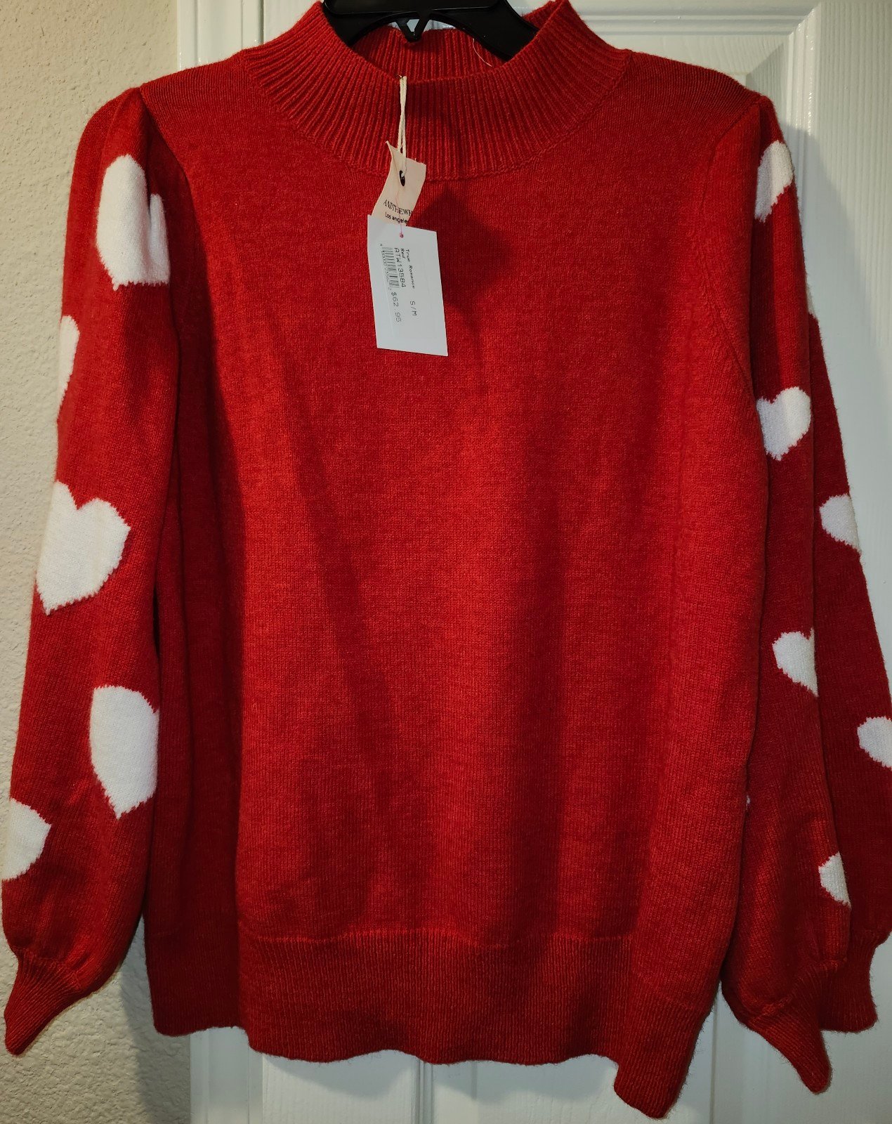 NWT Womens Sz S/M Andthewhy True Romance Red Sweater with White Hearts on Sleeve