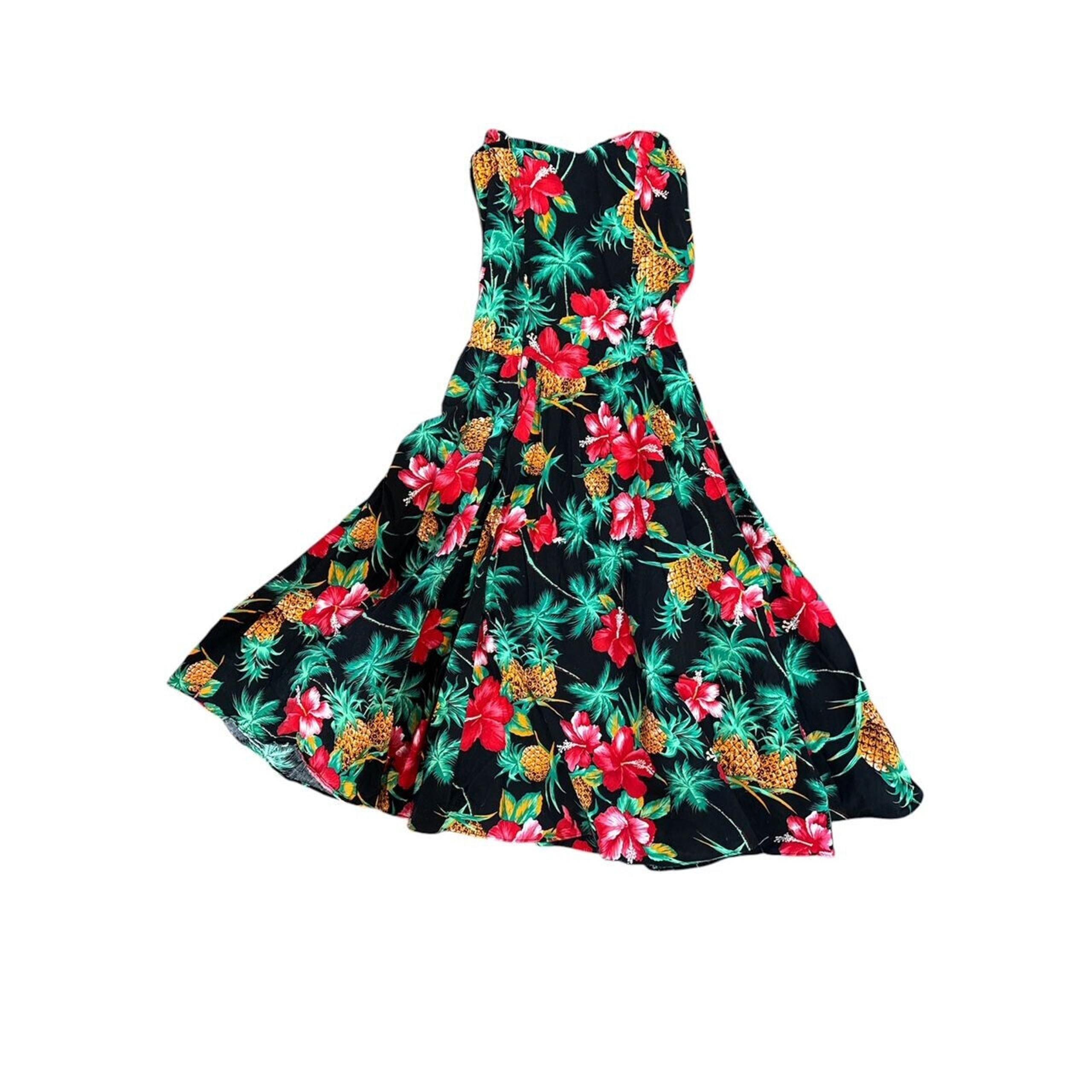 VINTAGE Royal Creations Hawaii Hibiscus FULL SKIRT STRAPLESS MIDI DRESS SZ M