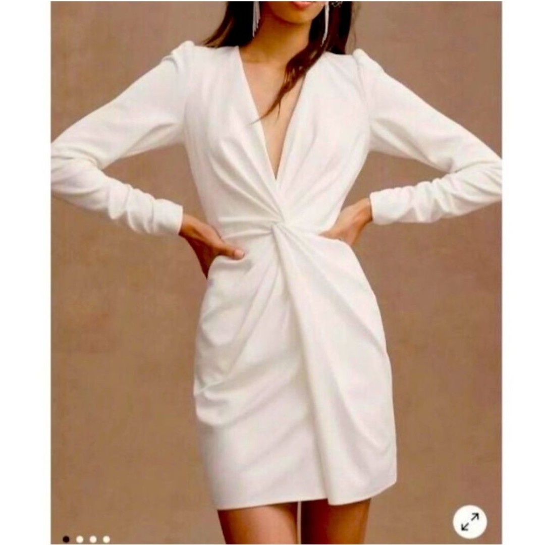 Anthropologie Tadashi Shoji Sabine V Plunge Twist Long Sleeve Mini Dress ivory