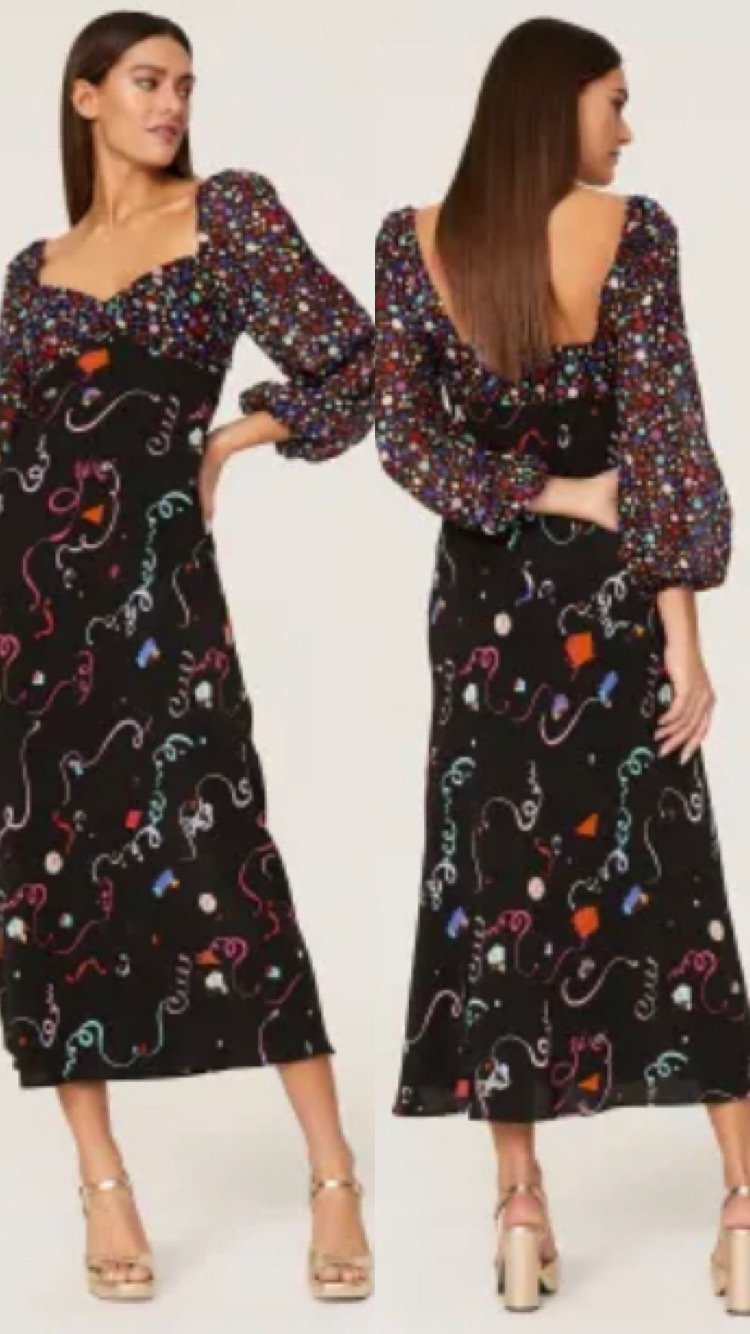 RIXO Gio Confetti silk puff long sleeve midi dress party black multicolor size 6 RIXO Gio Confetti silk puff long sleeve midi dress party black multicolor size 6