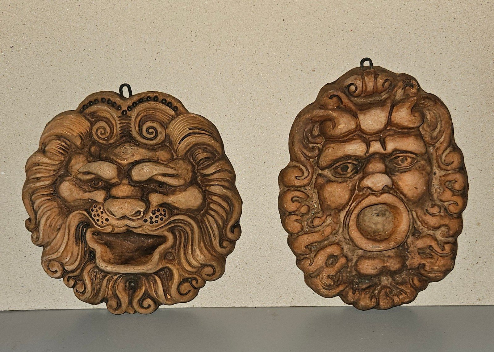 Pair of Limestone? Clay? Wall Hanging Masks From Amalfi Coast Italy