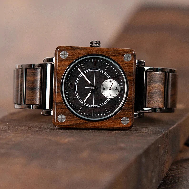 Wooden Watch in Present Box Gift |Groomsmen Engraved Square Watch