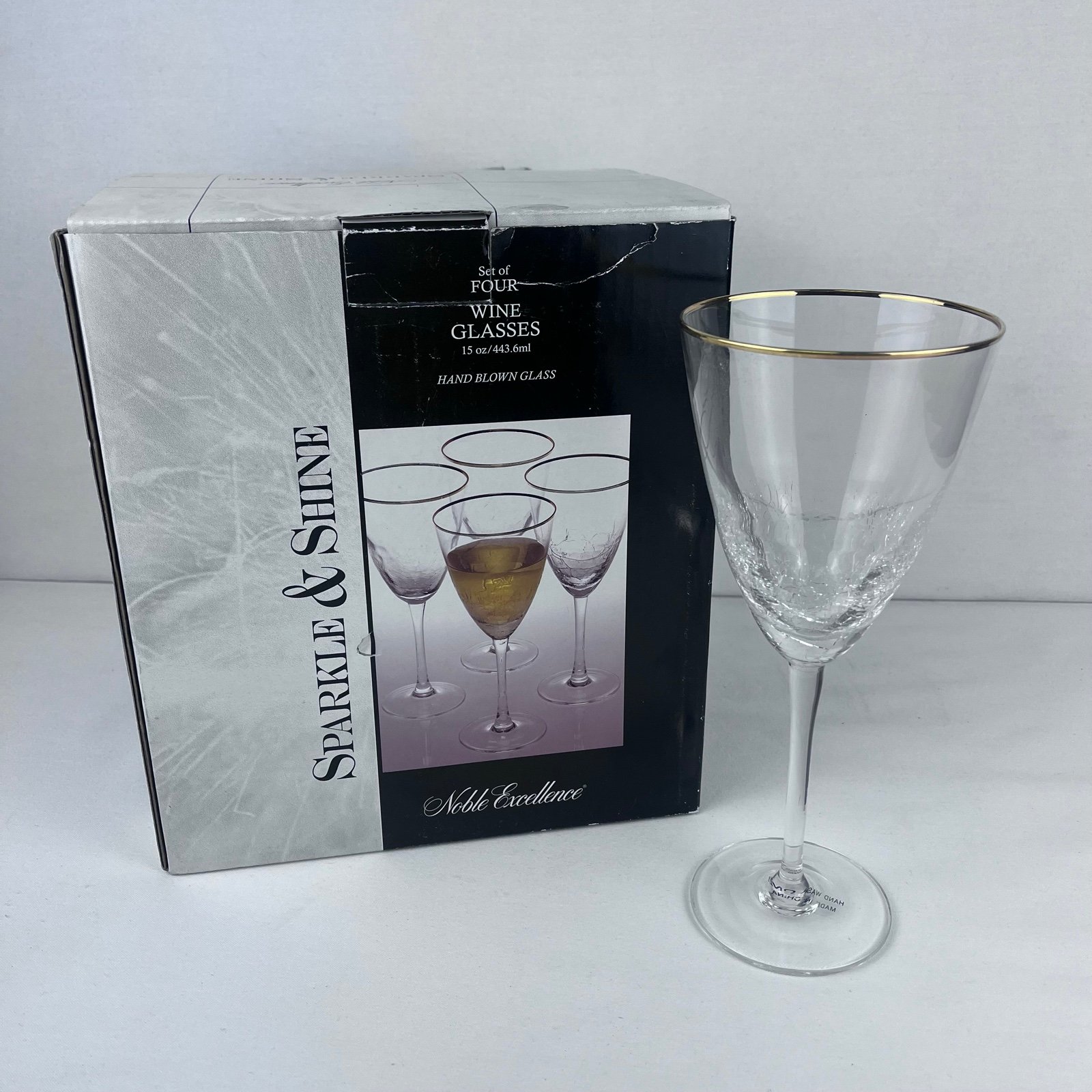 Noble Excellence Sparkle & Shine Set of 4 hand blown Wine Drinking Glasses 15 Oz