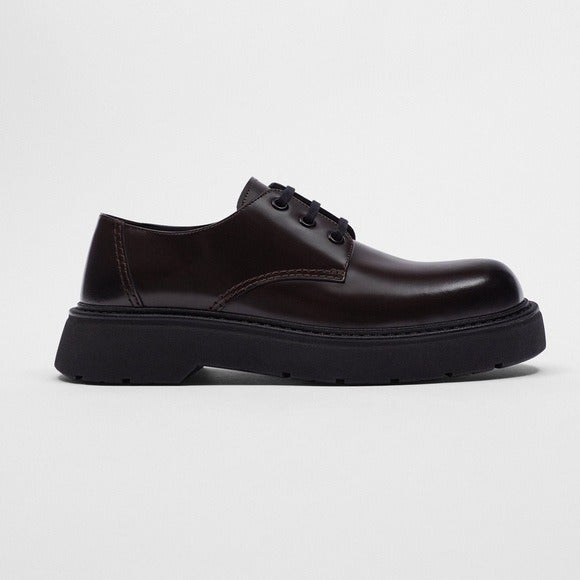 NWT. Zara Man Dark Brown Leather Thick Sole Leather Shoes. Size 9.