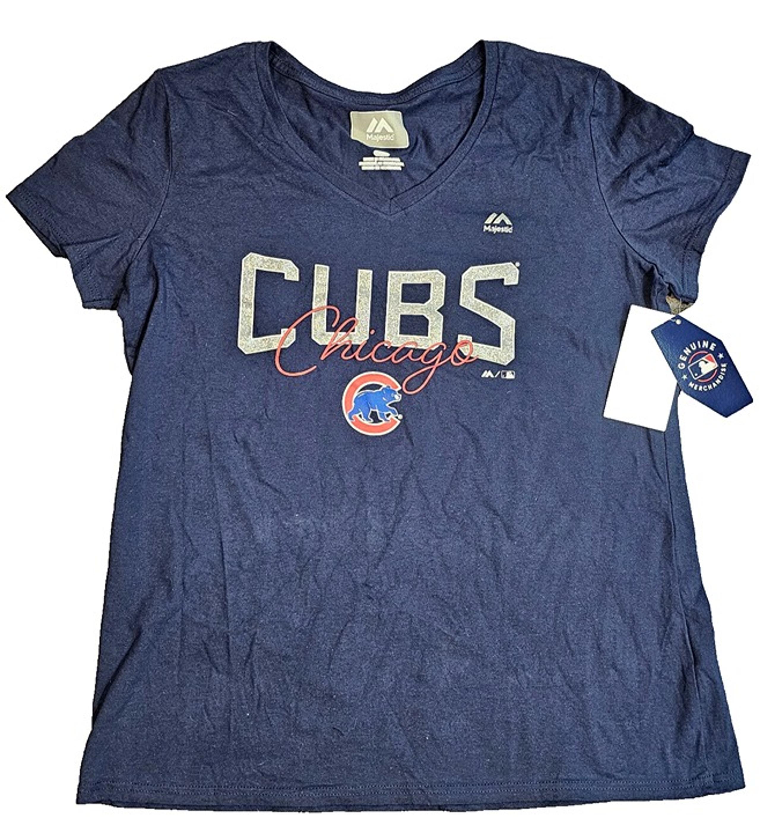 NEW Women Large L  Chicago Cubs short sleeve shirt top silver sparkle blue MLB m