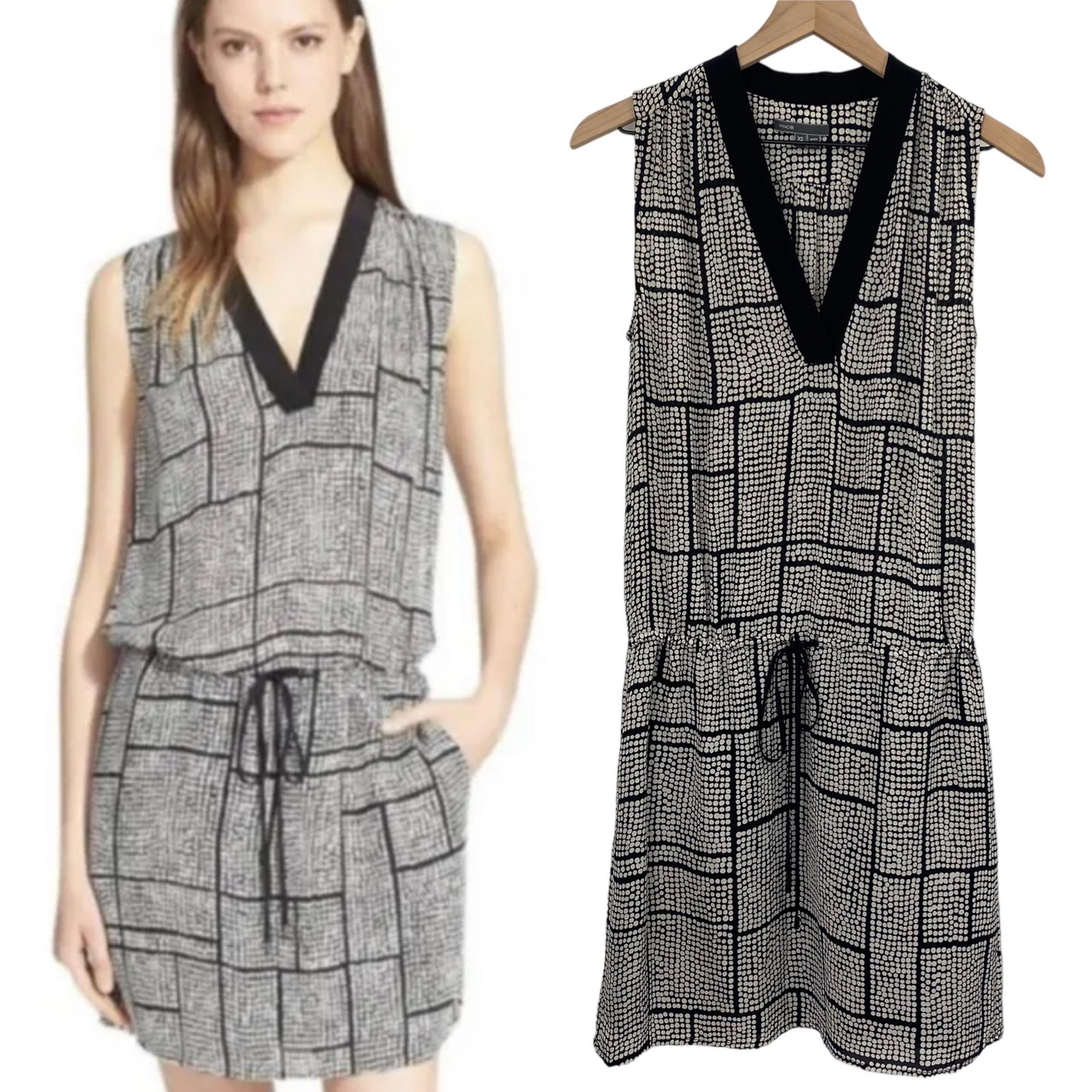 Vince Silk Mini Dress V Neck Blouson Drawstring Waist Black White Polka Dot XS