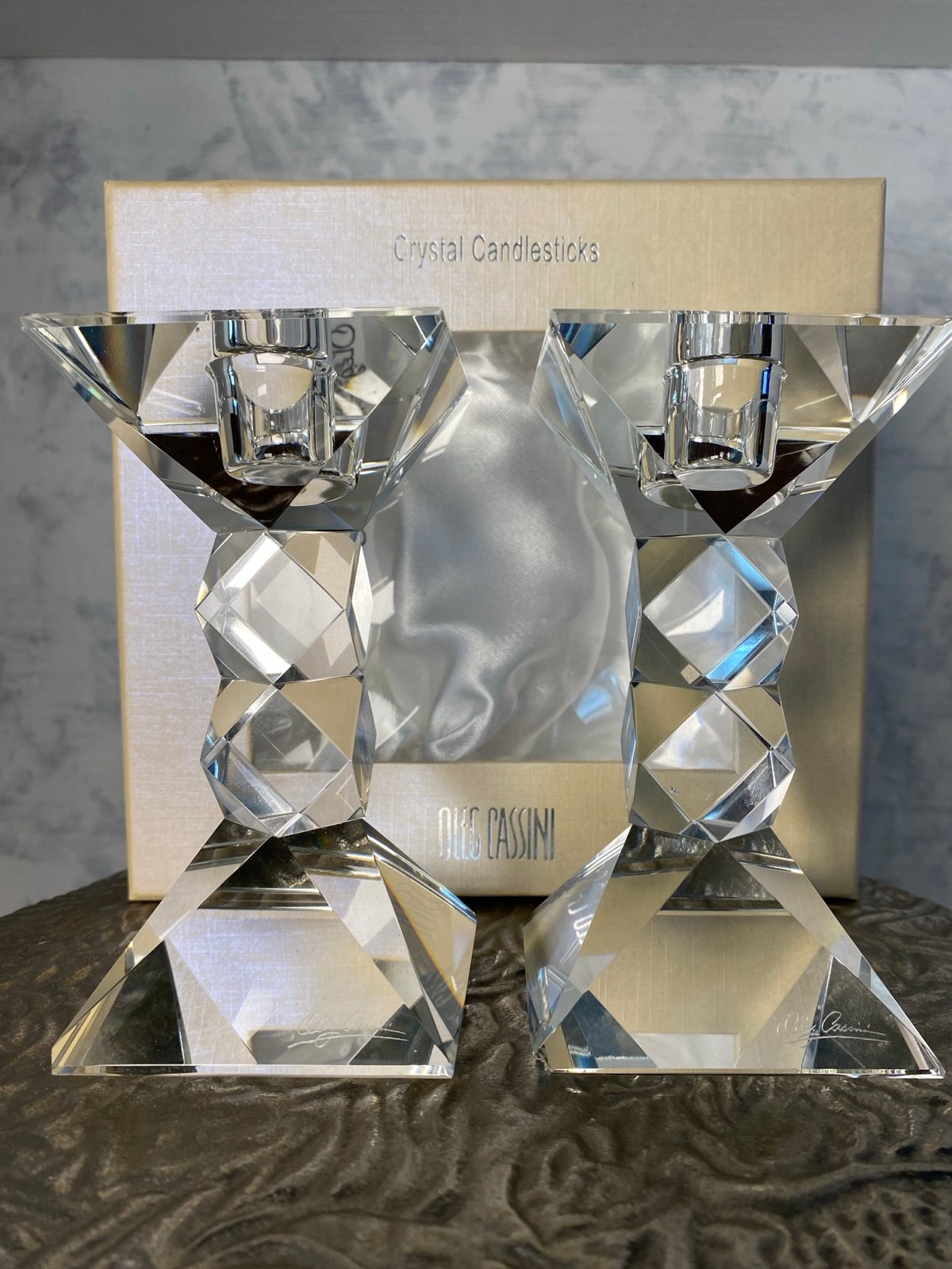 Pair of Oleg Cassini Home Collection Crystal Candlesticks