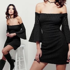 Free People Sophia Black Eyelet Off Shoulder Bell Sleeve Boho Mini Dress S Small