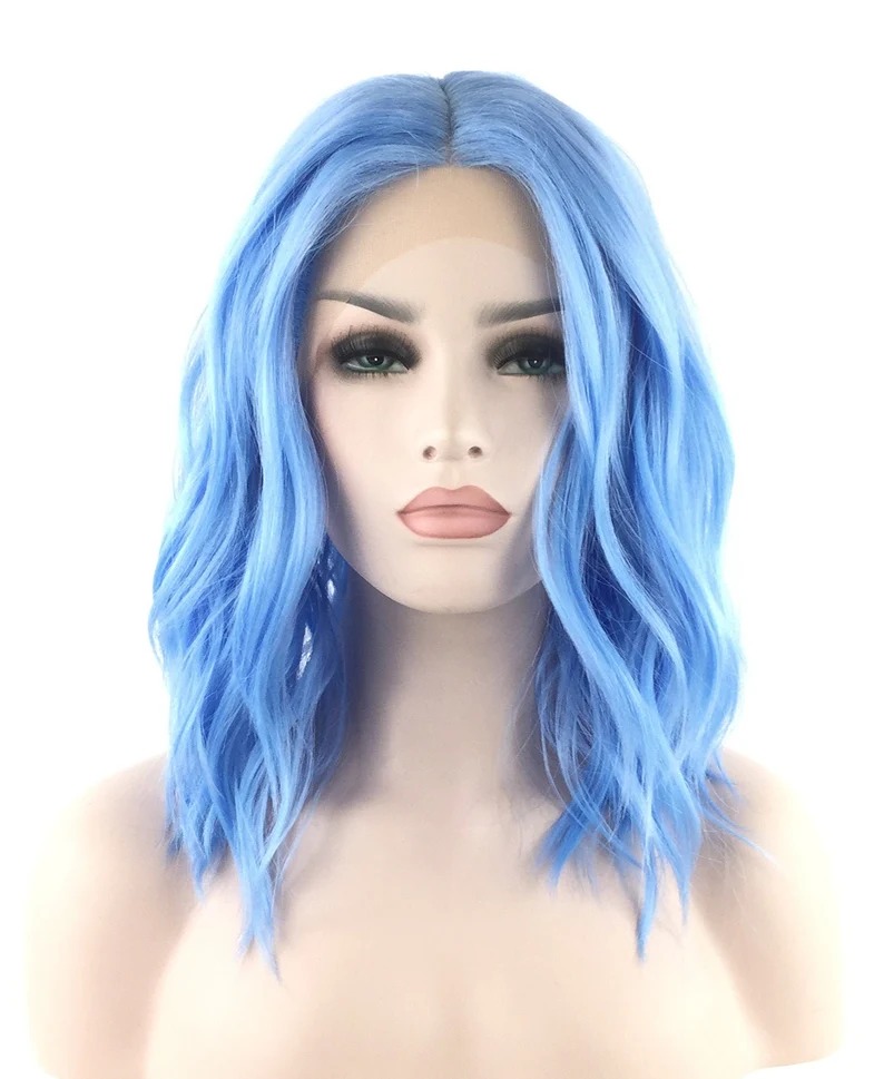 Luxurious LACE-FRONT Center Part High-Heat Synthetic Fiber Wavy Long Bob Wig BLU