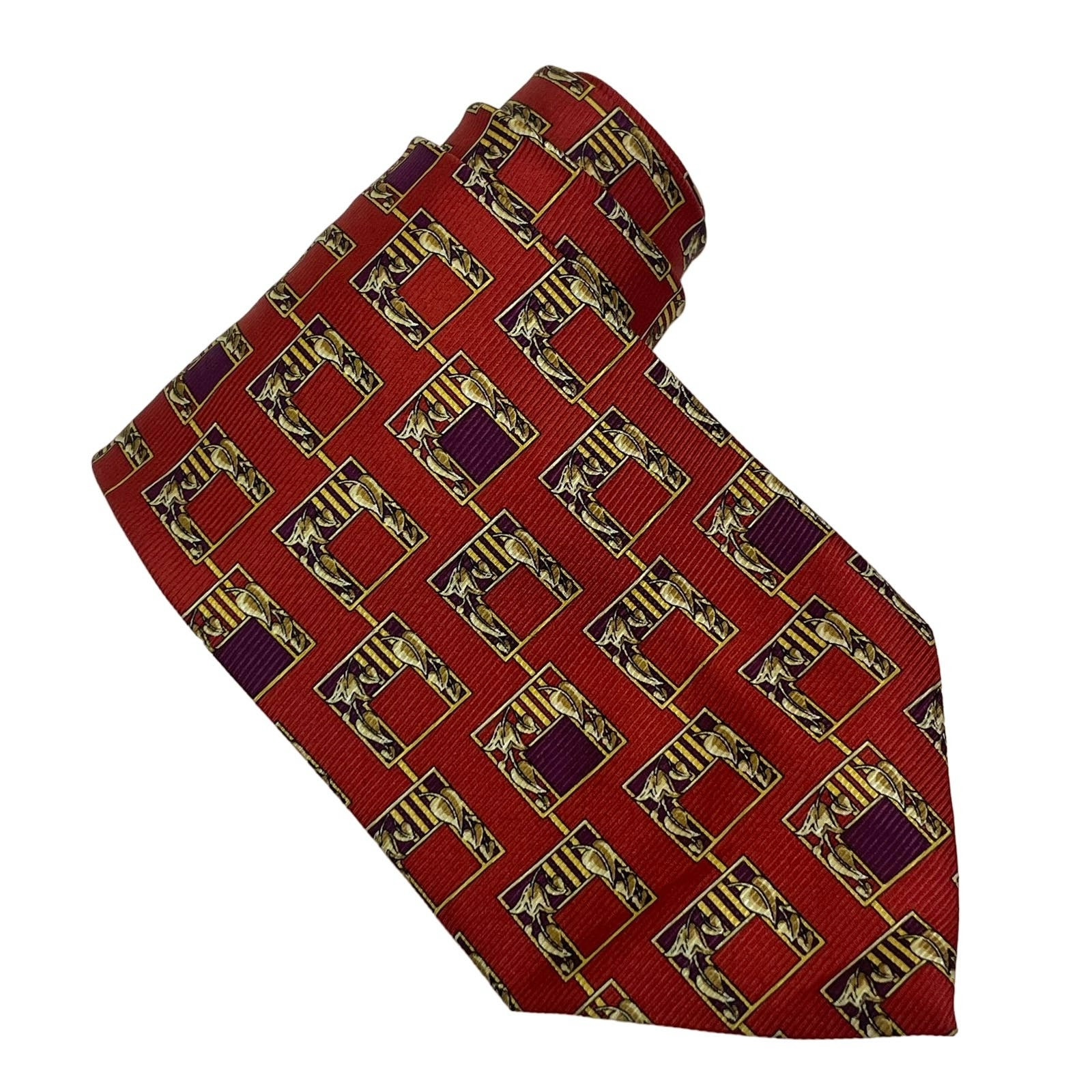 Valentino Italy Silk Luxury Designer Red Maroon Geometric Floral Necktie