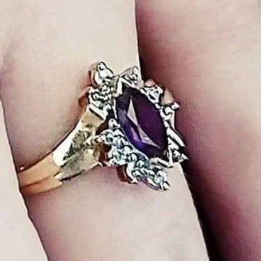10K Yellow Solid Gold Amethyst and Diamond Ring