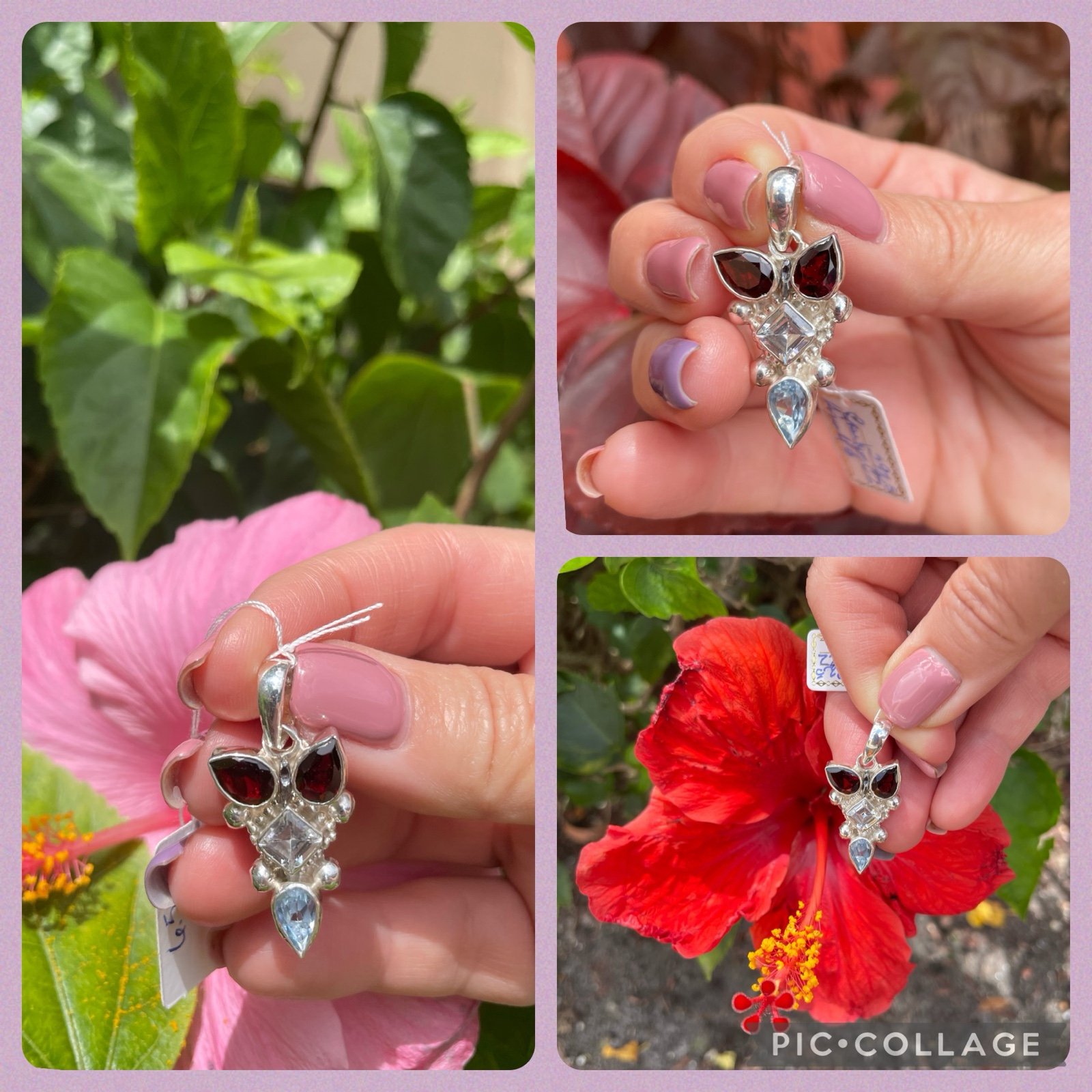 Garnet-CZ-Blue Topaz sterling silver pendant