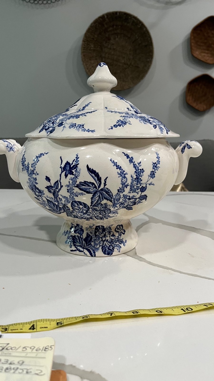 FLOW BLUE AND WHITE TUREEN WITH LADLE SOUP BOWL