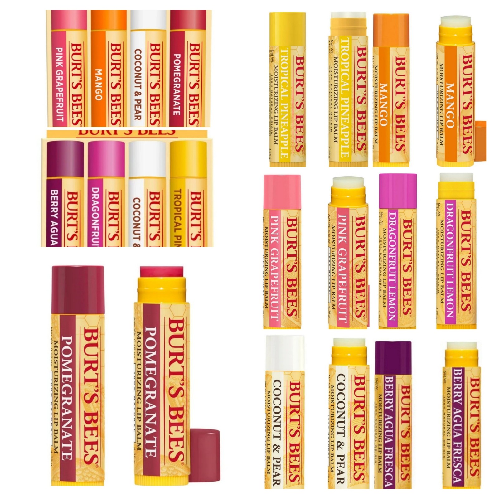 4 Variety 4 Pks Burt's Bees Flavored Lip Balm Tint Pineapple Coconut Grapefruit