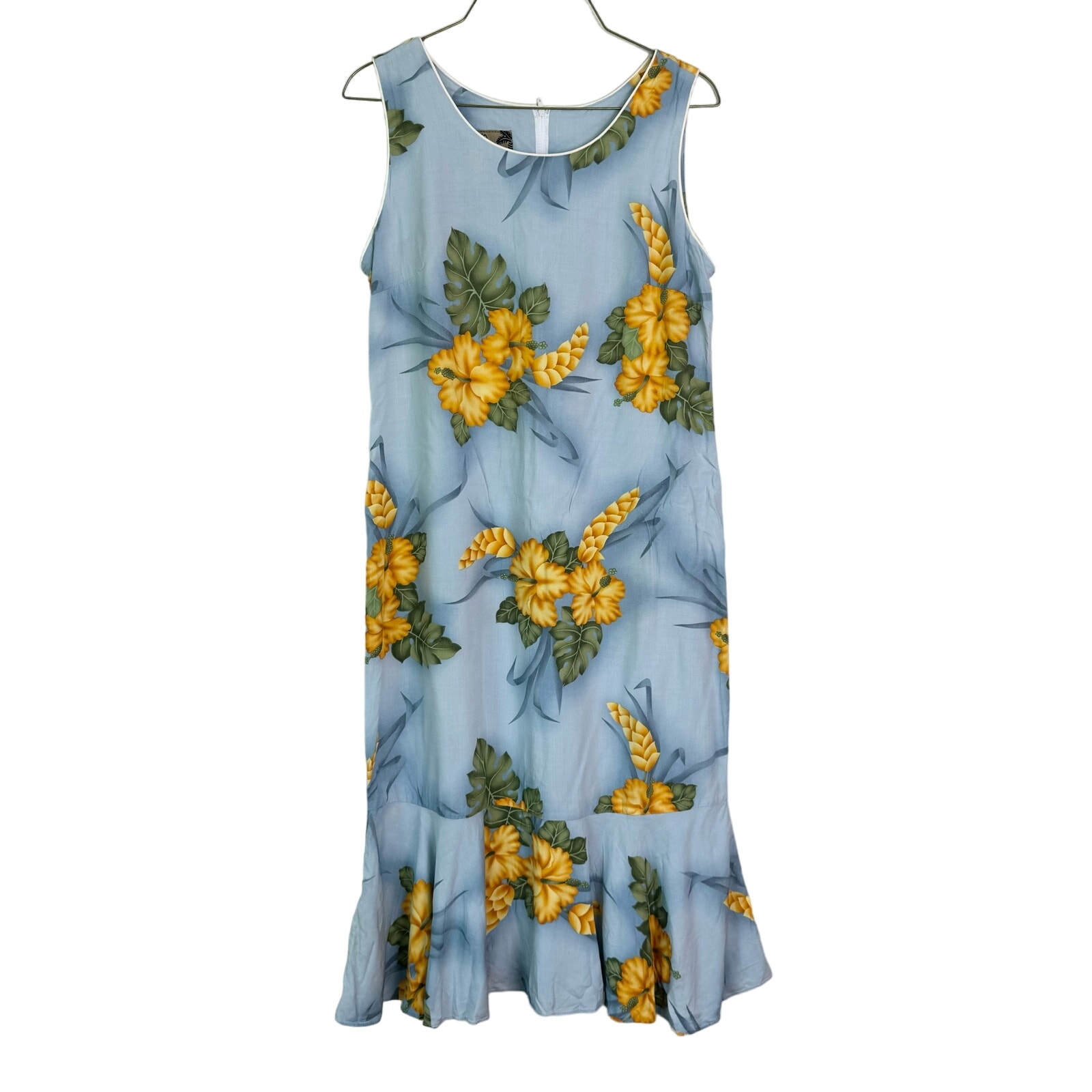 Two Palms VINTAGE Hawaiian blue yellow tropical hibiscus dress MEDIUM