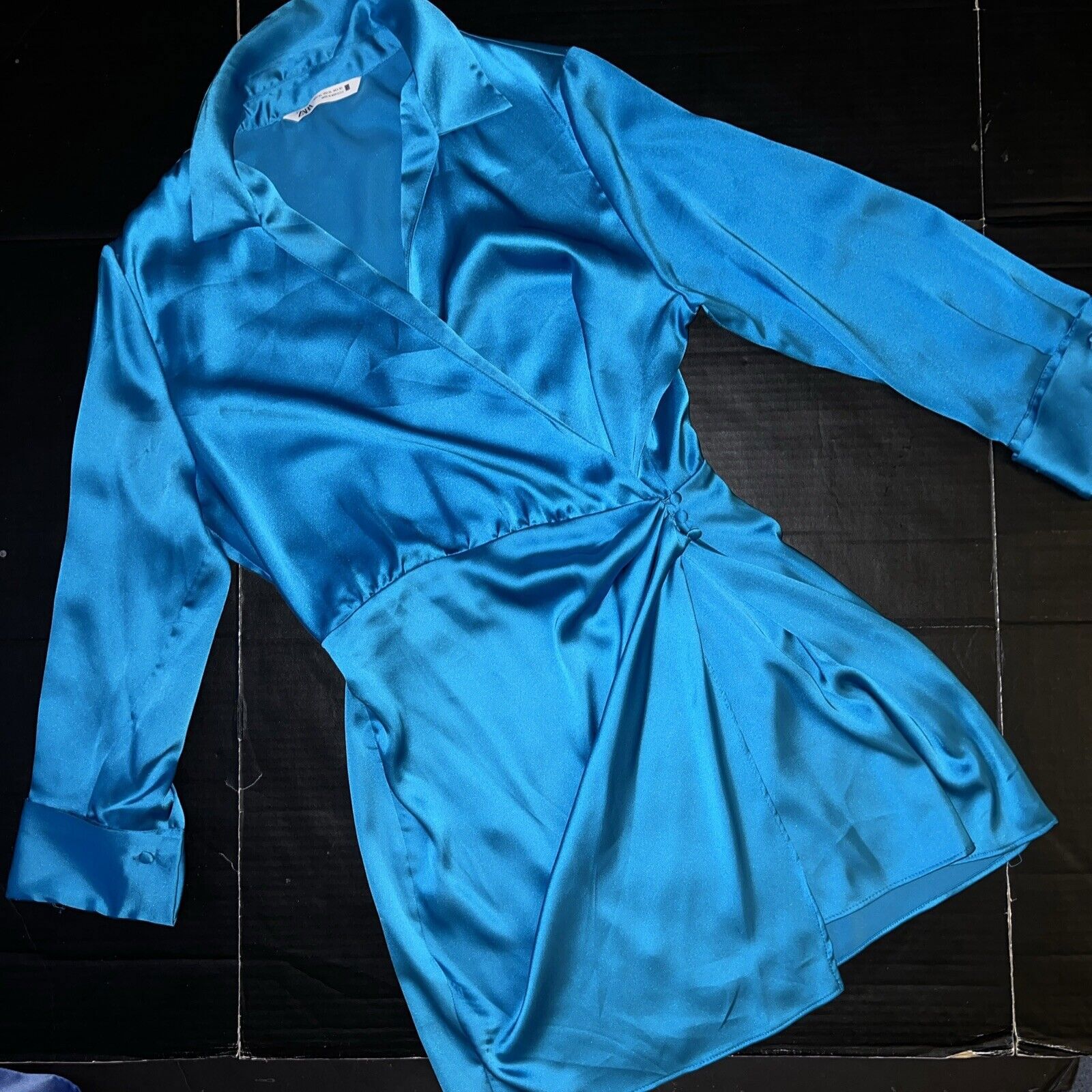 PRE-OWNED Zara XL DRESS BLUE MARL turquoise satin effect wrap dress GORGEOUS