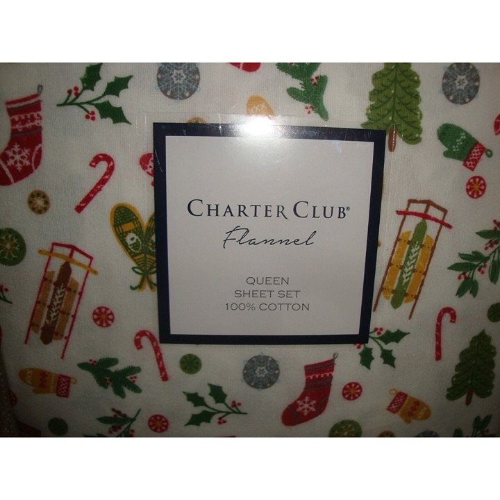 140 Charter Club Flannel Queen 4 Pc Sheet Set White Multi Color Holiday Icons