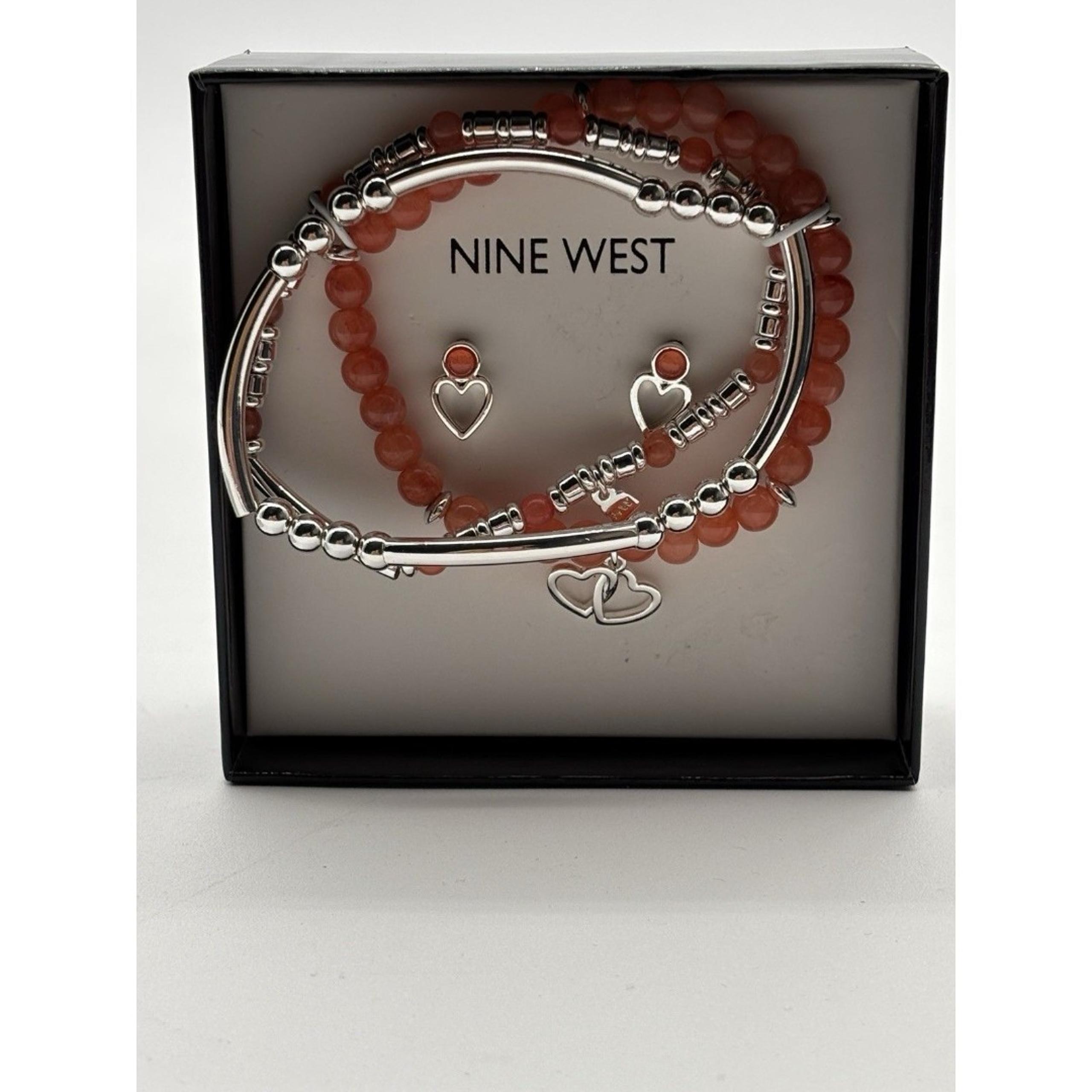 Nine West Silver-Tone and Fuchsia Heart Charm Bracelet and Earrings Set