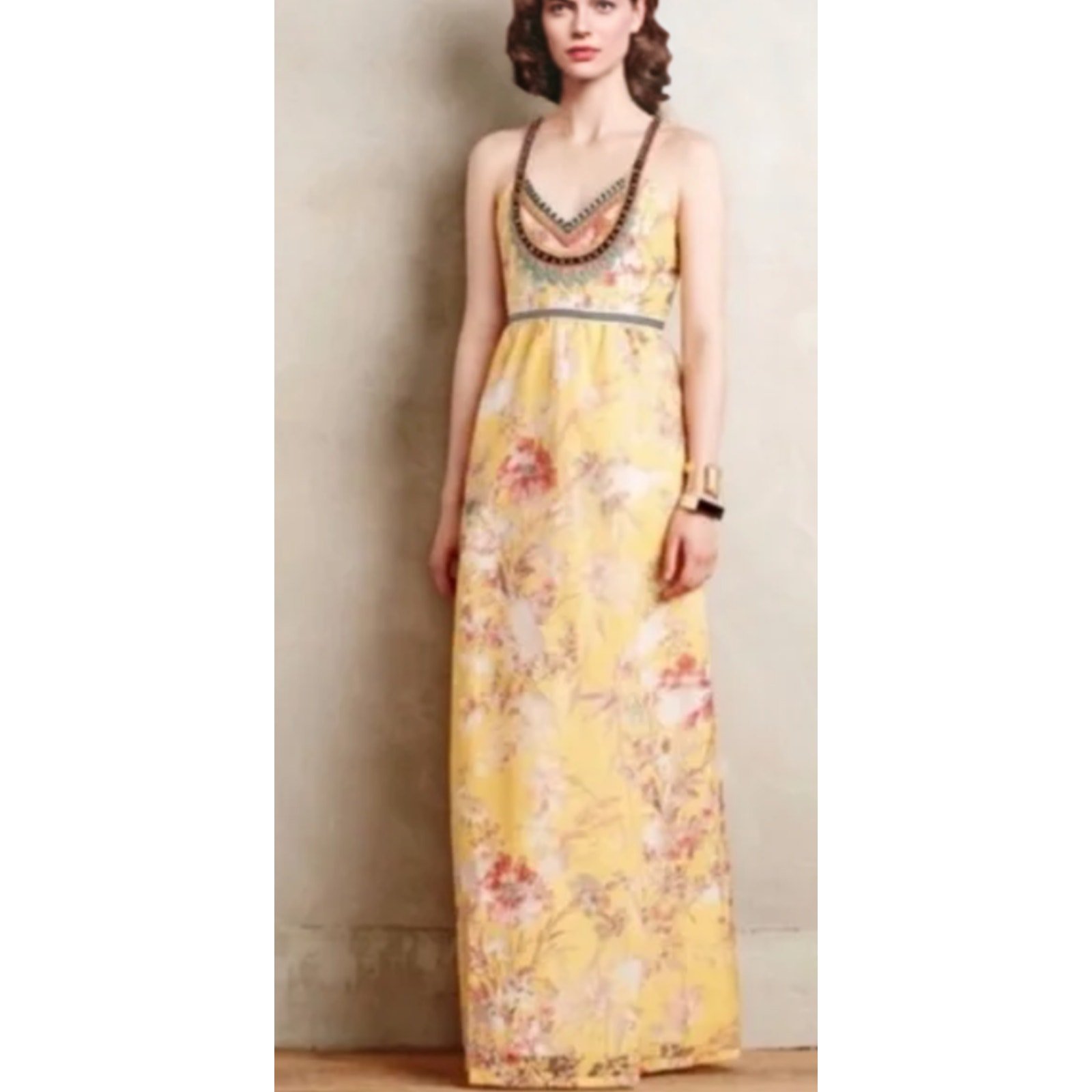 Vineet Bahl Anthropologie Yellow Floral Embroidery Maxi Dress ~ Sz 0 ~ LOVE!