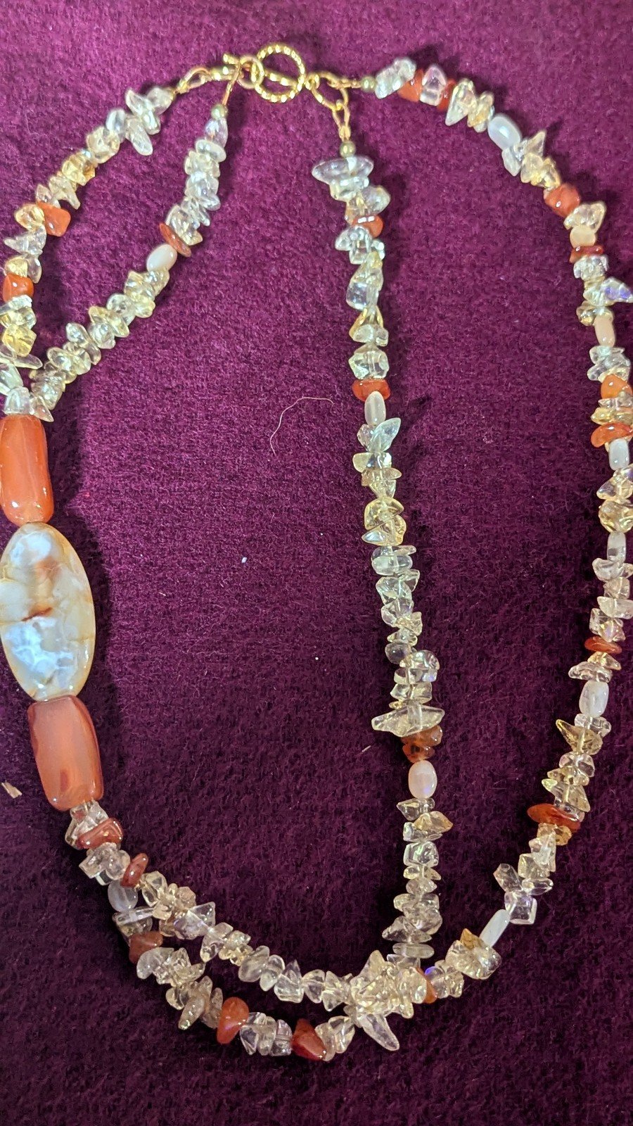 Carnelian Citrine Nuggets And Stone Crystal Two Strand Gold Plated Necklace