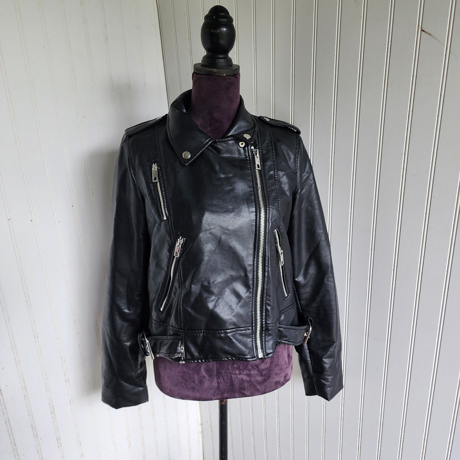 Zara Women's Basic Jacket Moto Motorcycle Faux Leather Black Belts Zip Sz L
