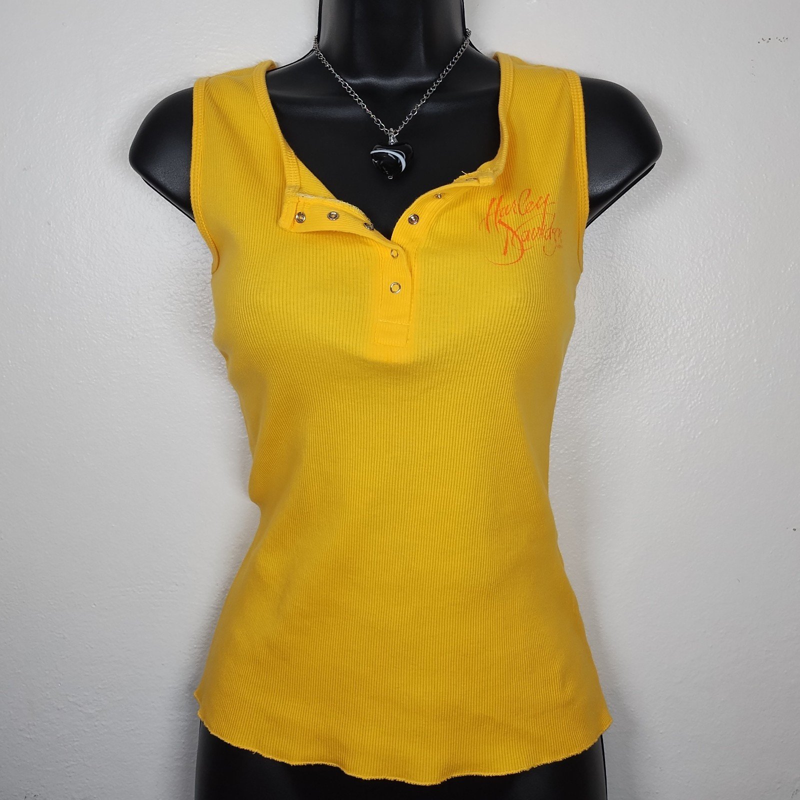 Vintage Y2K Harley Davidson Orange Ribbed Tank Sz L Biker Mcbling Trashy Logo