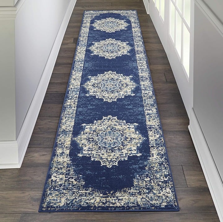 Traditional Navy Blue 2'3 x 10' Area -Rug, Easy -Cleaning, Non-slip
