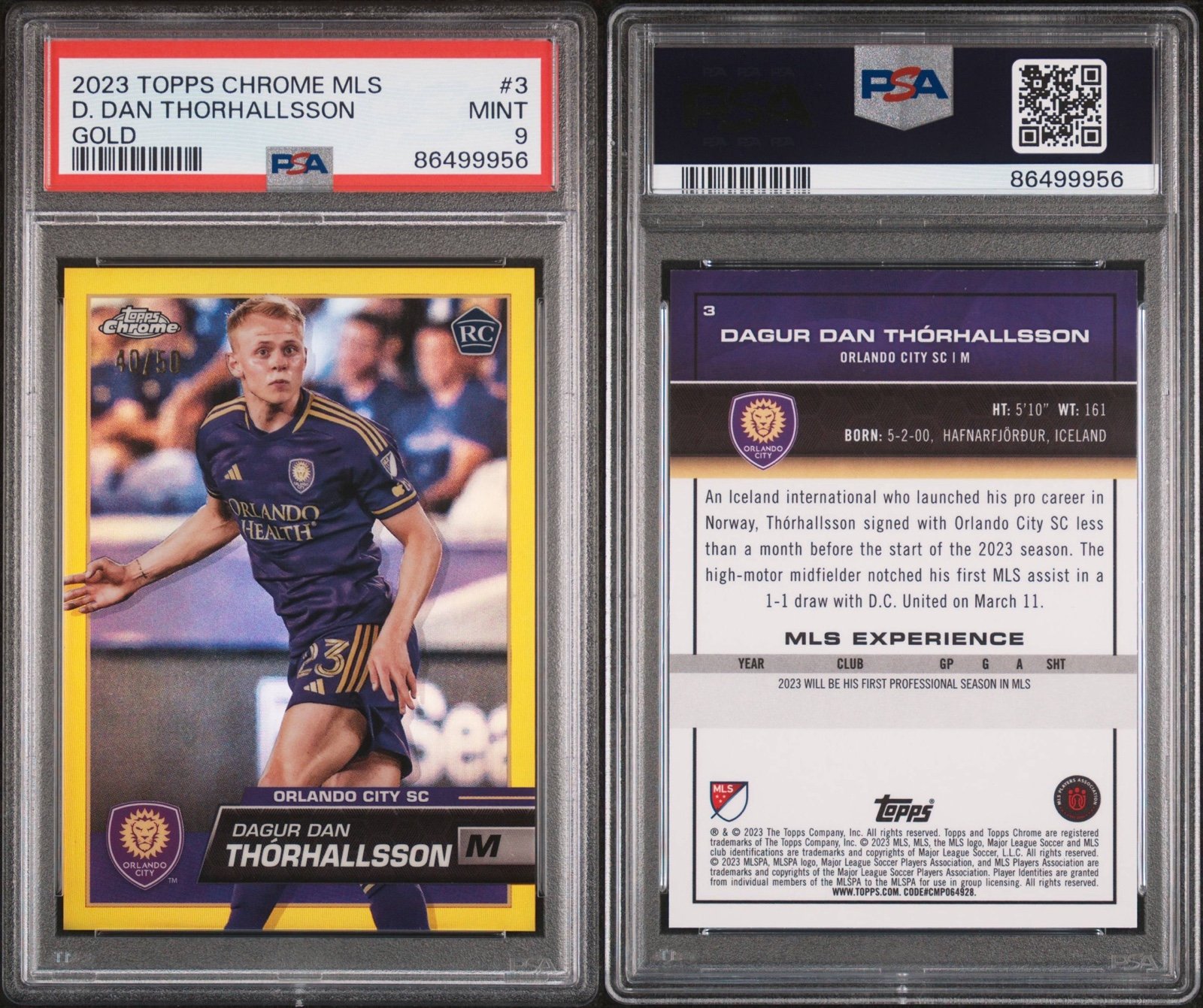 2023 TOPPS CHROME MLS #3 ROOKIE D. DAN THORHALLSSON GOLD REFRACTOR /50 PSA 9 RC