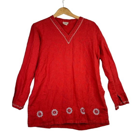 Neiman Marcus Rust Red Linen Tunic Top Embroidered V-Neck Long Sleeve Size M