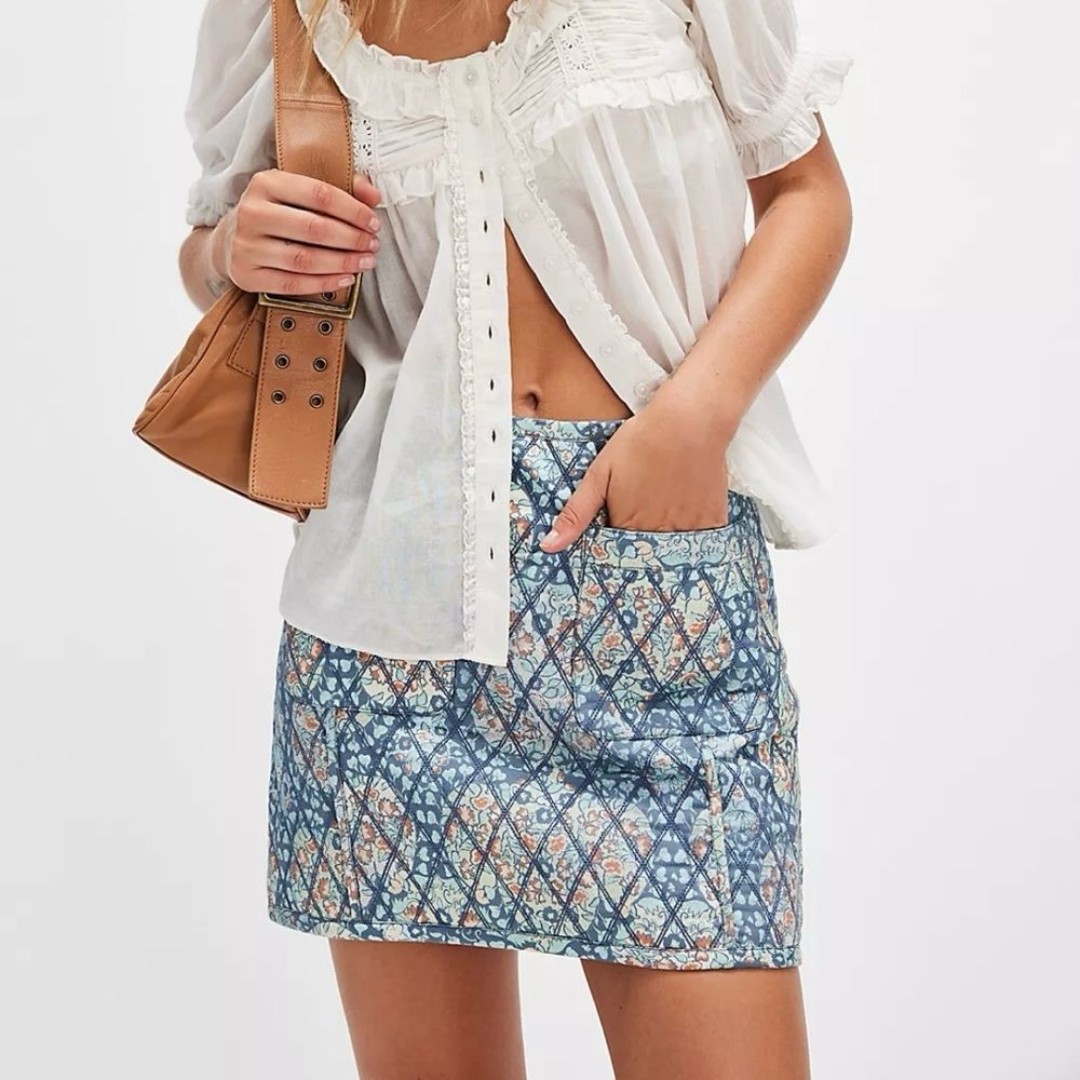 Free People Blue Cream Mini Quilted Cottage Floral Skirt