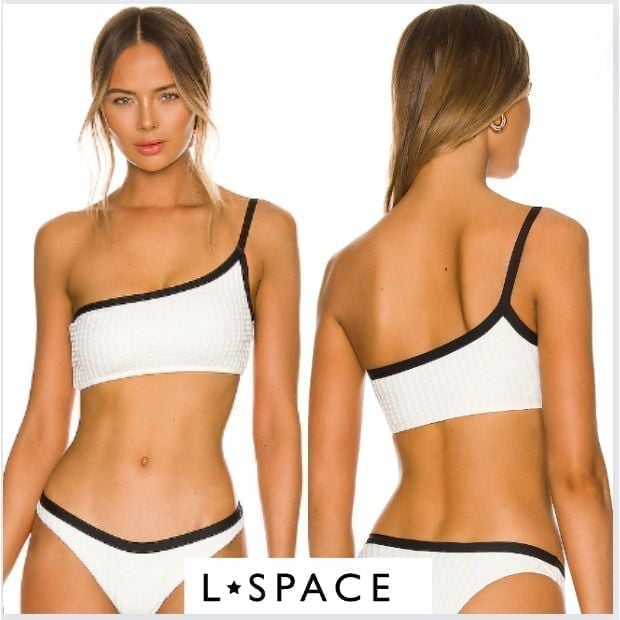 L*Space Revolve Axel Bikini Top One Shoulder Size Medium Cream Black Trim