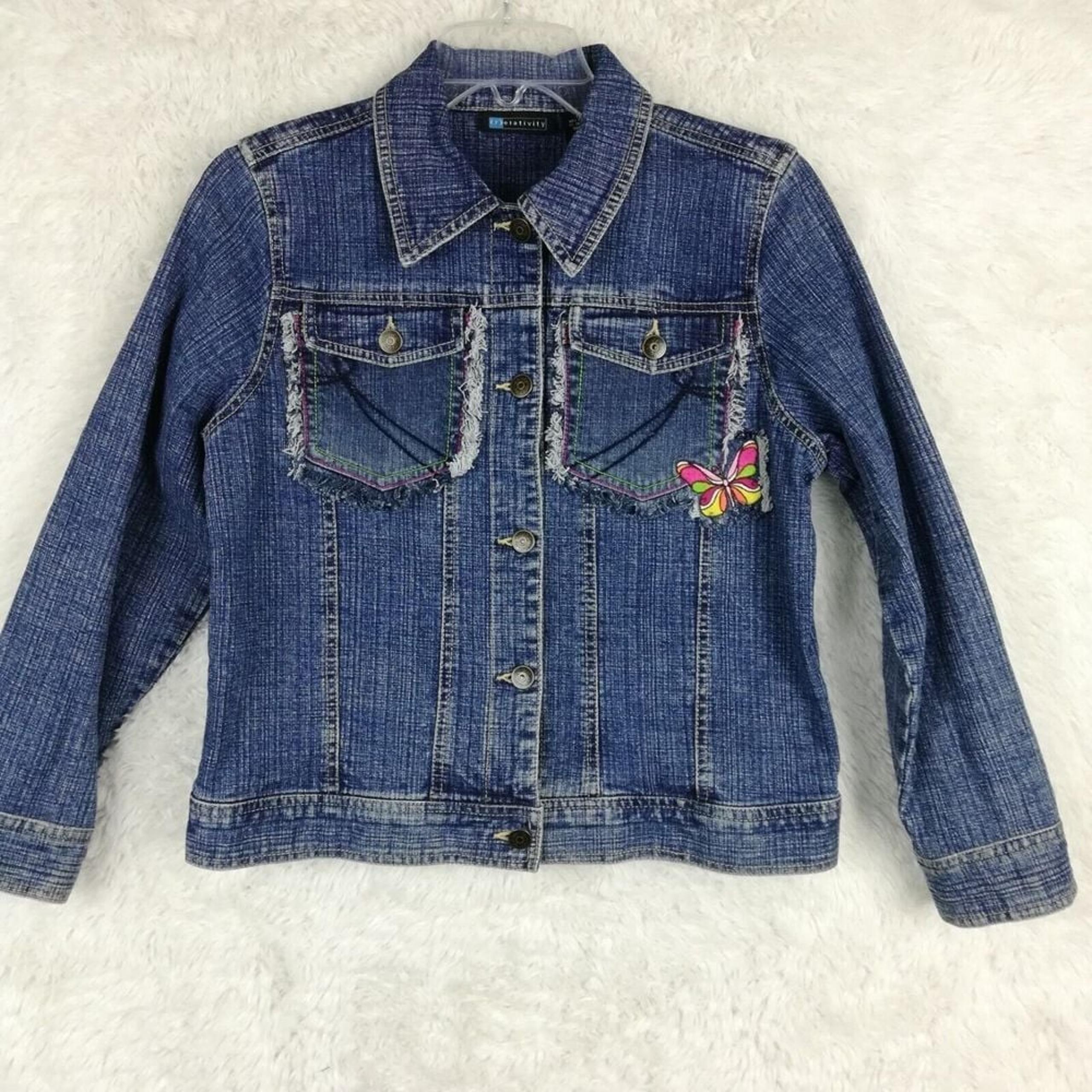 Relativity Womens Jean Jacket Denim Blue Embroidered Butterfly Fringe Petite PM