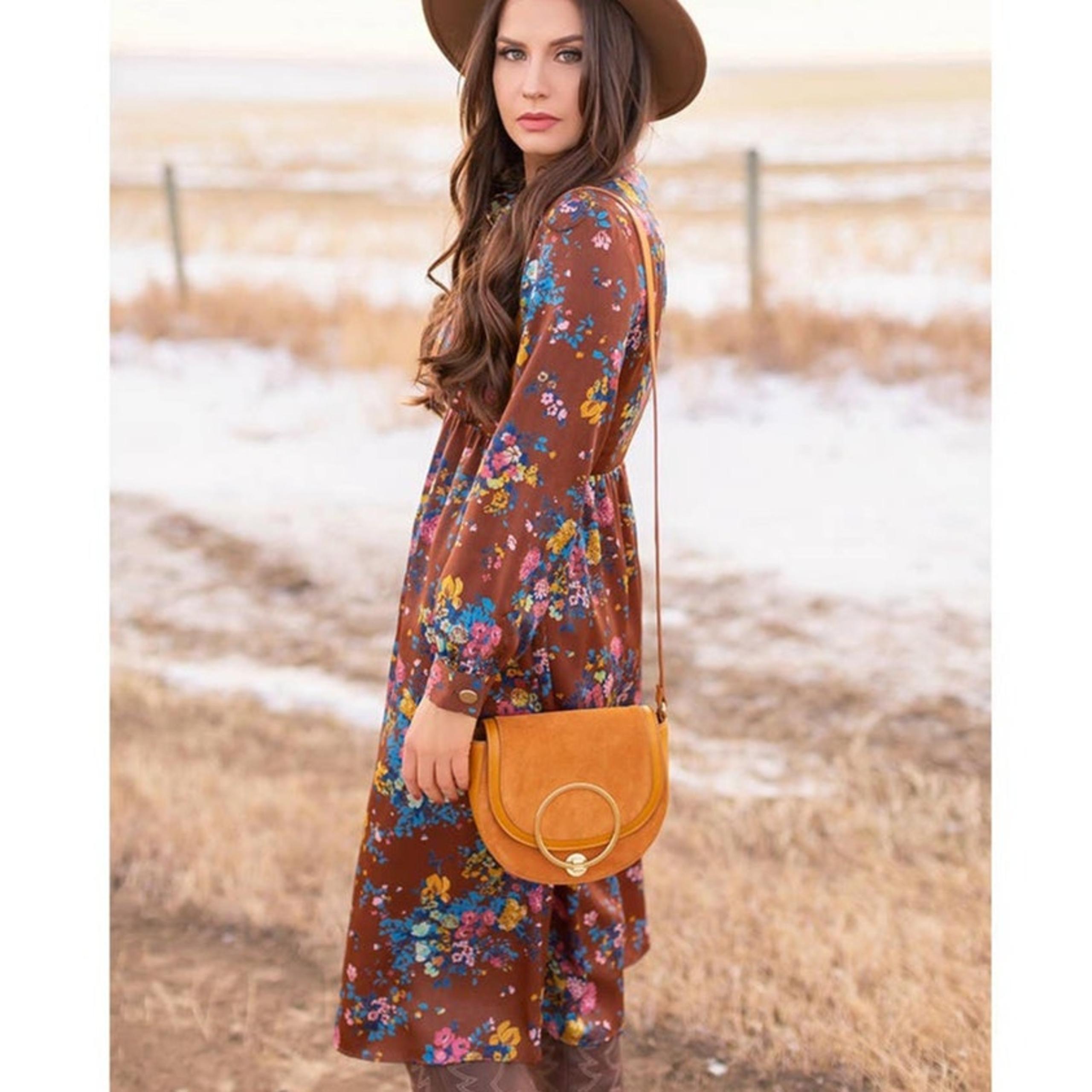 NEW ZARA Collar Tie Satin Effect Brown Midi Dress in Retro Florals WOMEN'S SMALL