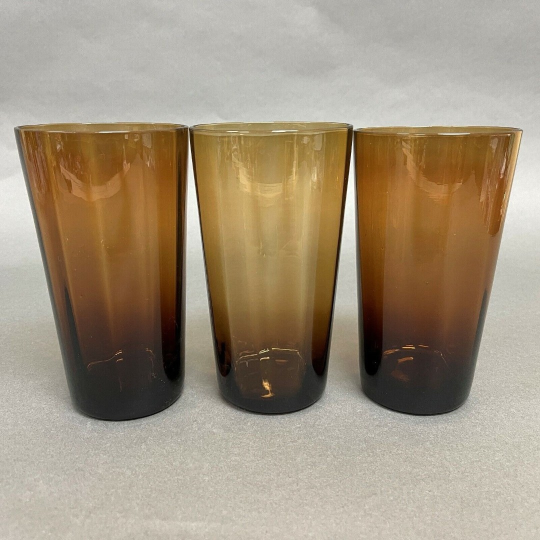 Fifth Avenue Crystal Amber Brown Glass Tumblers Glasses 6 1/8 High Lot of 3