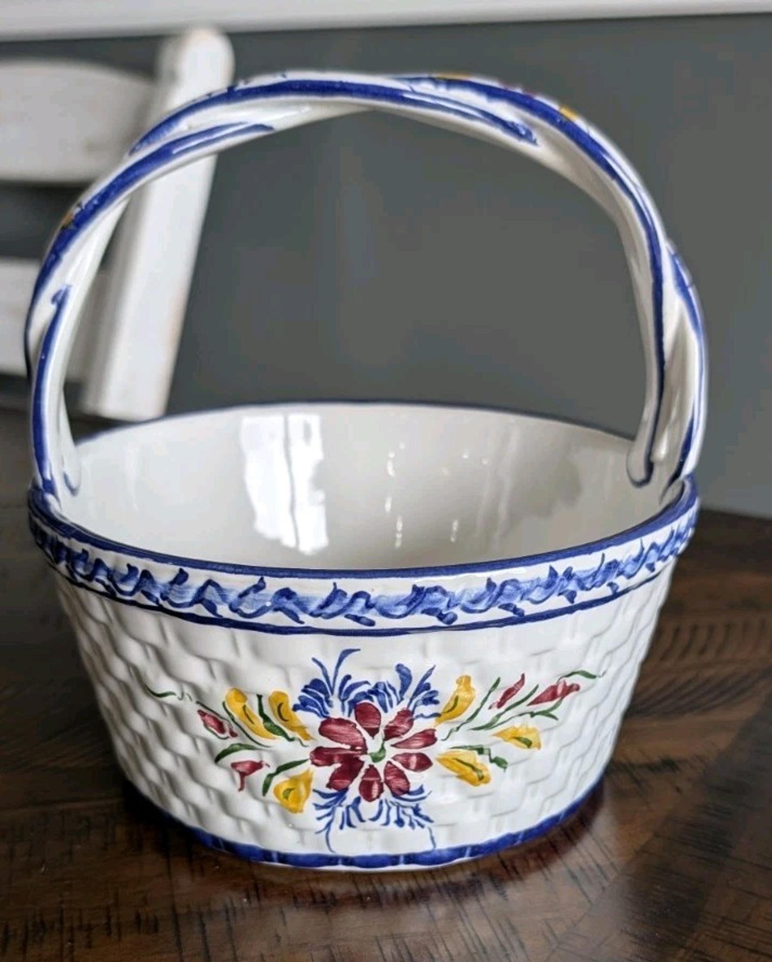 Vintage Ceramic Basket Hand-Painted Portugal Floral Blue Rim Woven Look Signed