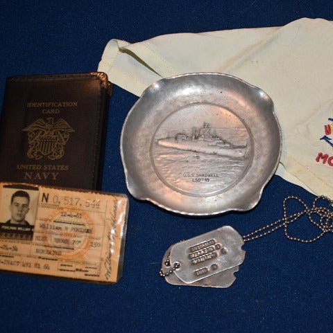 Vintage WWII Korea USS Shadwell Navy Sailor Grouping Ashtray Dog tags ID Card