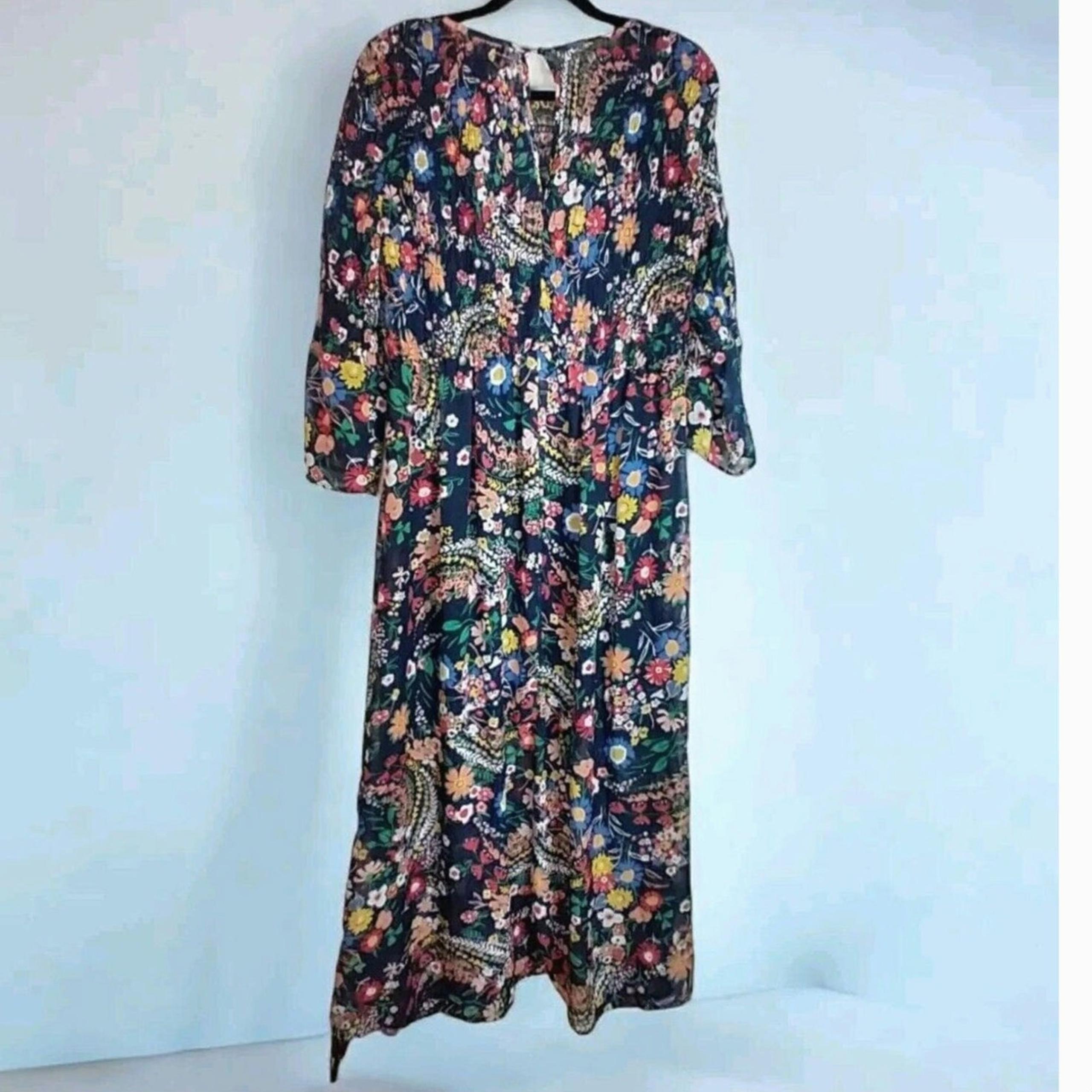 ECI New York Women's Floral Maxi Dress XL – Boho Bell Sleeves, Smocked Top