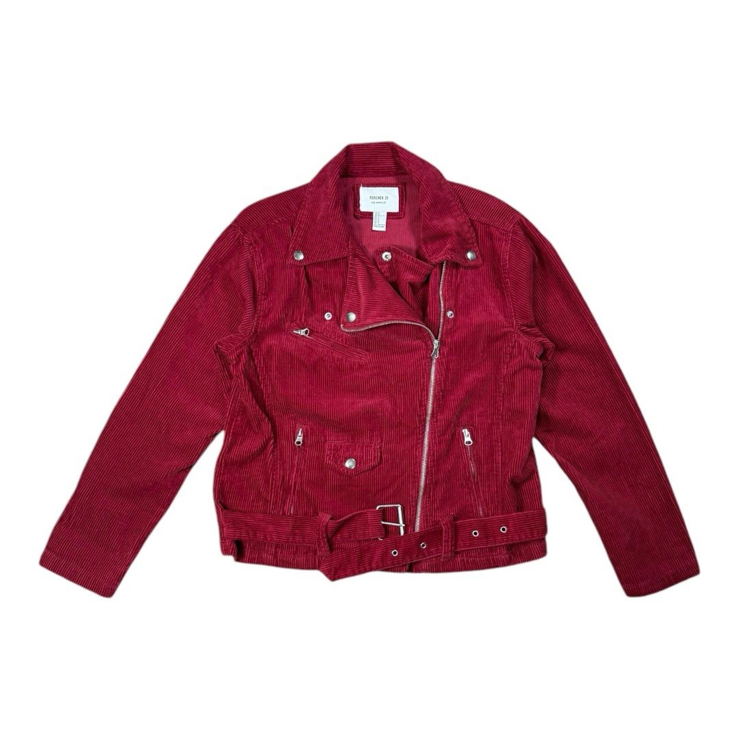 Forever 21 Corduroy Jacket Biker Belt /Zippers / Pockets Women's Small Maroon