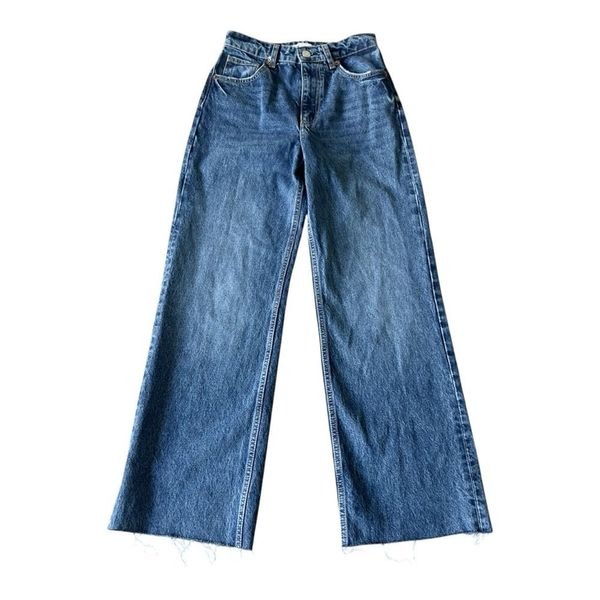 Zara Womens High Rise Raw Hem Medium Wash Wide Leg Jeans Size 4